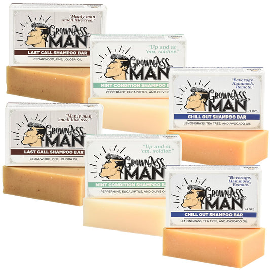 Solid Shampoo Bar Rich Lather 3 in 1: Hair, Beard & Body Wash - Plastic Free & Eco-Friendly, Natural & Organic Clean for All Hair Types, 4oz Bar (Variety, 6-Pack)