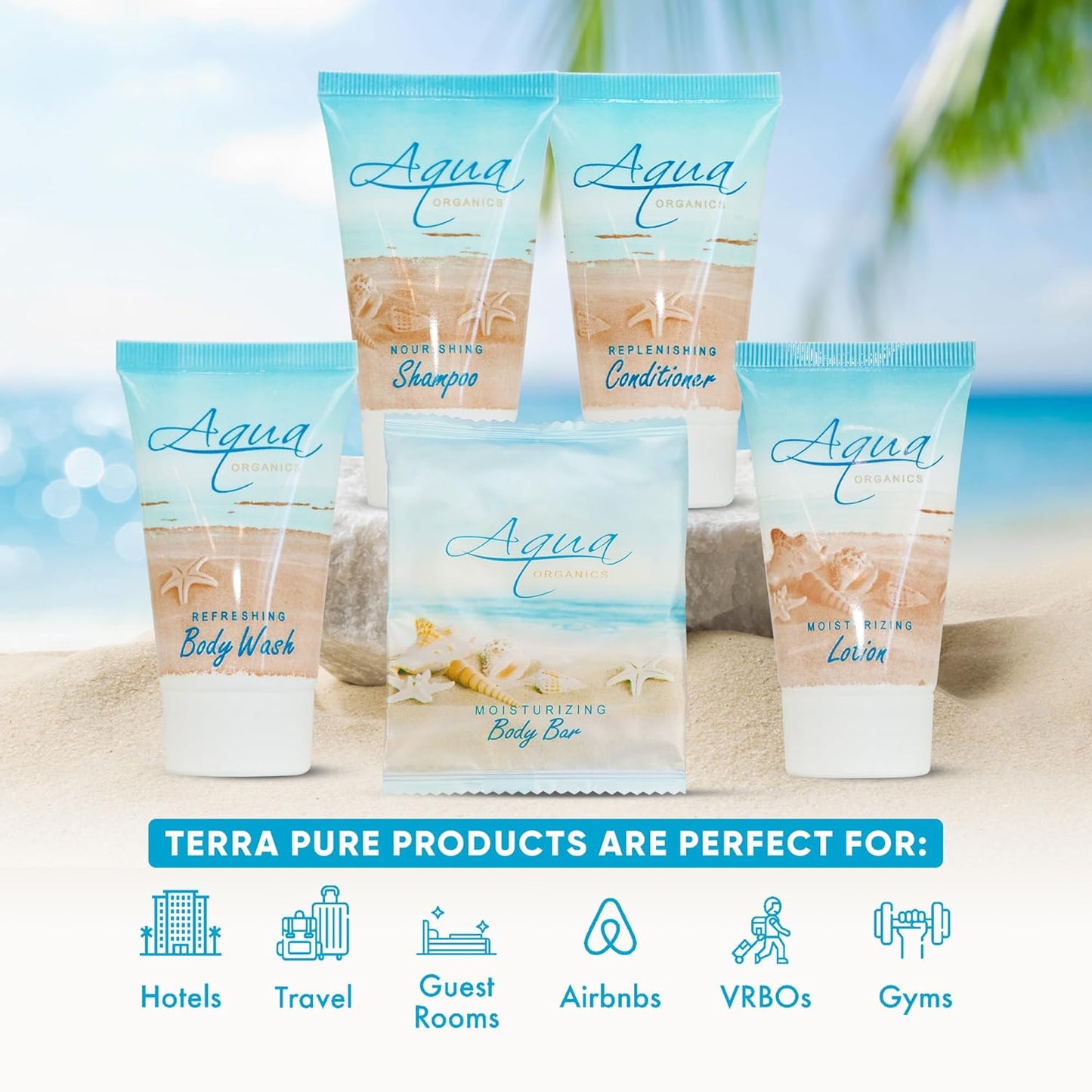 Aqua Organics Hotel Soaps and Toiletries Bulk Set | 1oz Hotel Shampoo & Conditioner, Body Wash, Body Lotion & 1oz Bar Soap Travel Size | Half Pallet 21 cases with 300 units each - 6,300 pieces