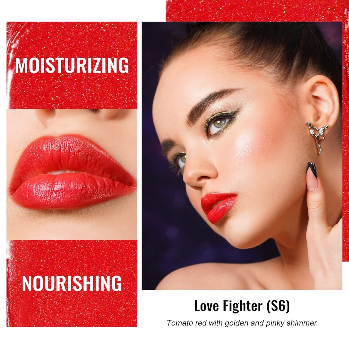 Oulac Moisture Shine Red Lipstick for Women, 2 in 1 Shimmer Lipstick & Lip Balm, Hydrated Juicy and Glossy Lip Color for Dry, Cracked and Chapped Lips, Vegan 2.2g/0.07oz (S06)