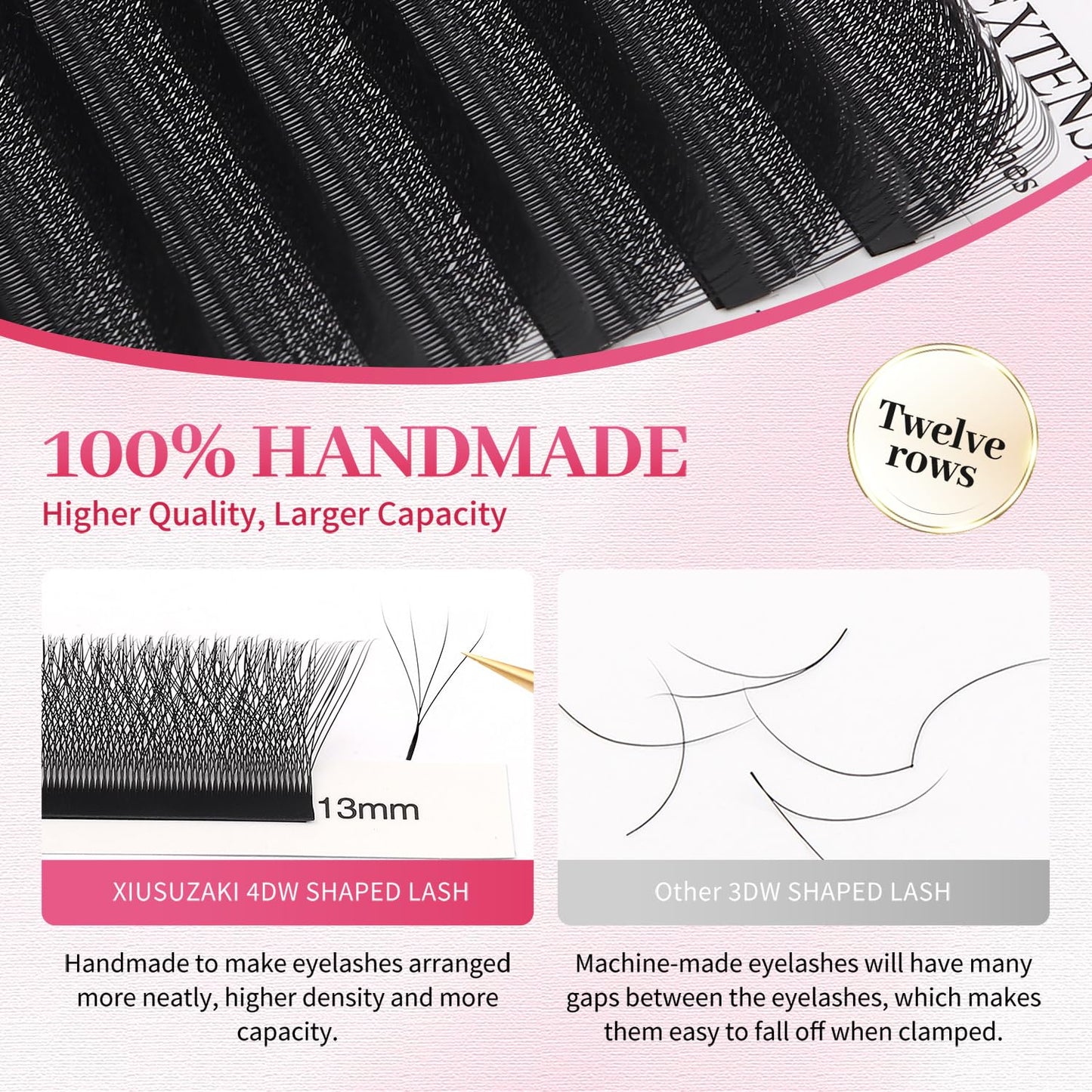 W Lash Extensions Supplies 4D Eyelash Extensions W Shape 0.07mm Thickness C Curl 10mm Premade Fans Easy Fan Lashes Volume Matte Black 12 Rows Crisscross Eye Lashes(W-4D-0.07-C,10mm)