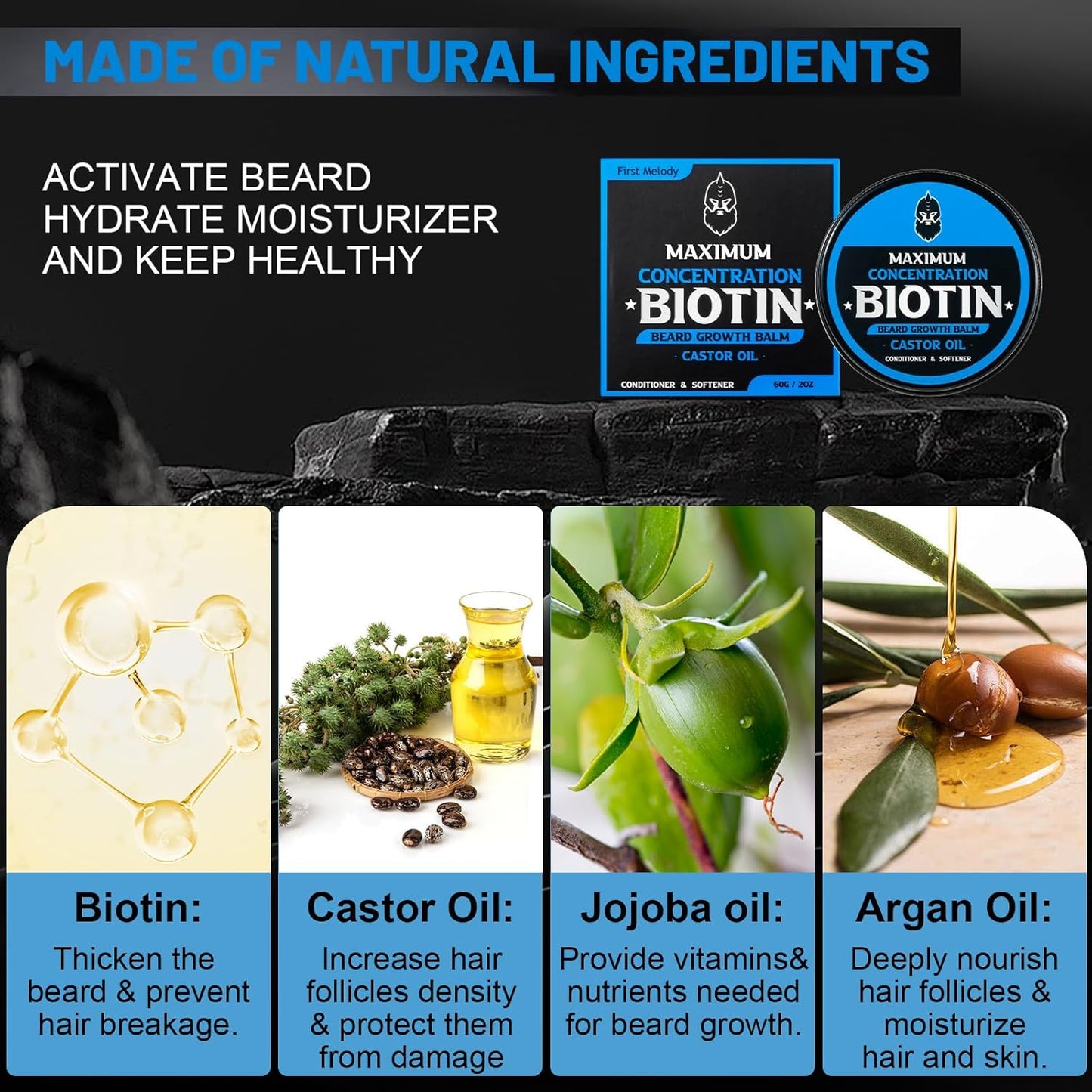 Beard Balm, Maximum Concentration Biotin, with Castor Oil and Argan & Jojoba Oils, Promotes Beard Growth, Styles, Strengthens & Softens Beards & Mustaches, 2 Ounce，Cedar