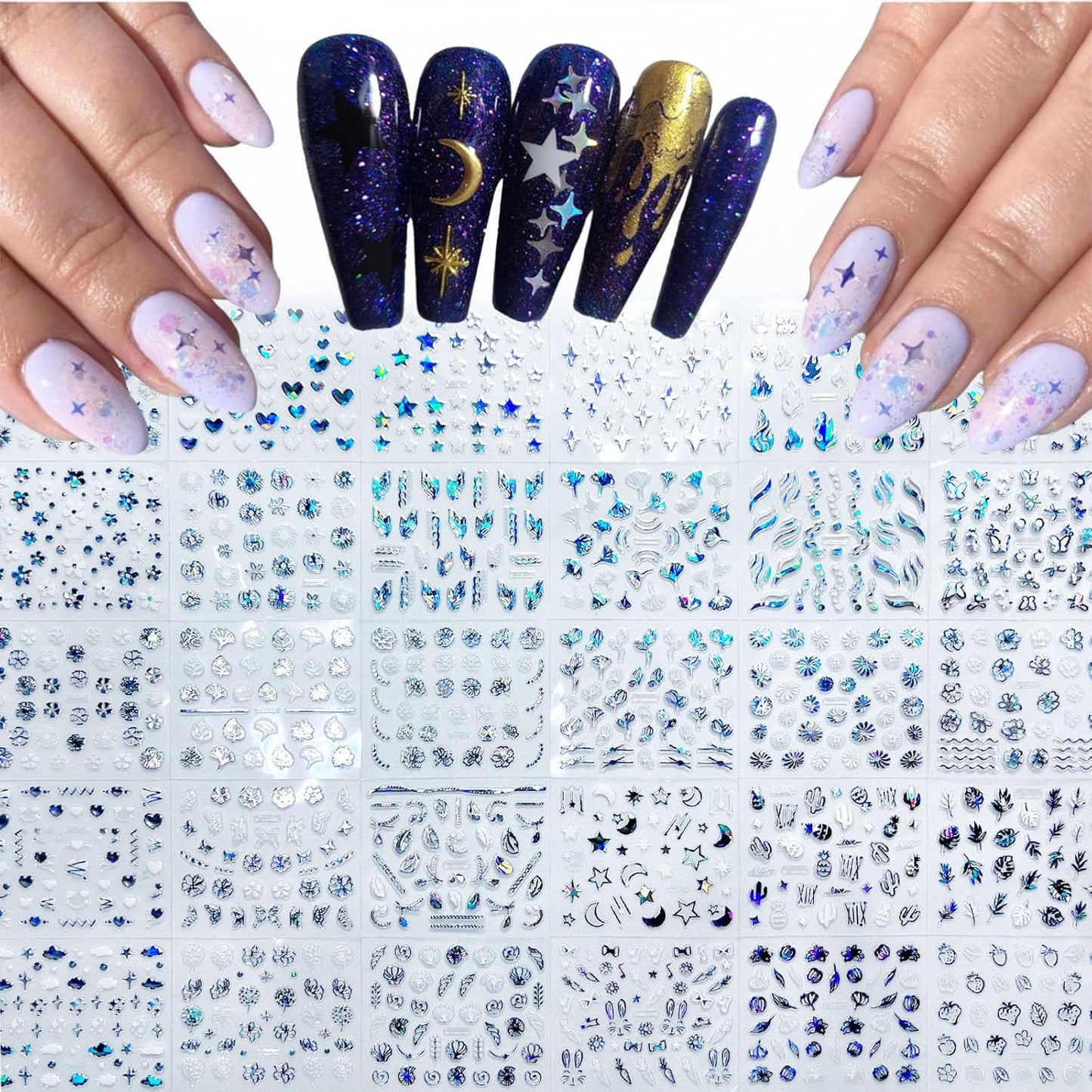 30 Sheets Aurora Nail Art Stickers Heart Star Nail Decals 3D Self-Adhesive Holographic Laser Star Nail Stickers Glitter Flower Butterfly Pattern Acrylic Design for Women Girls DIY Nail Art Decoration