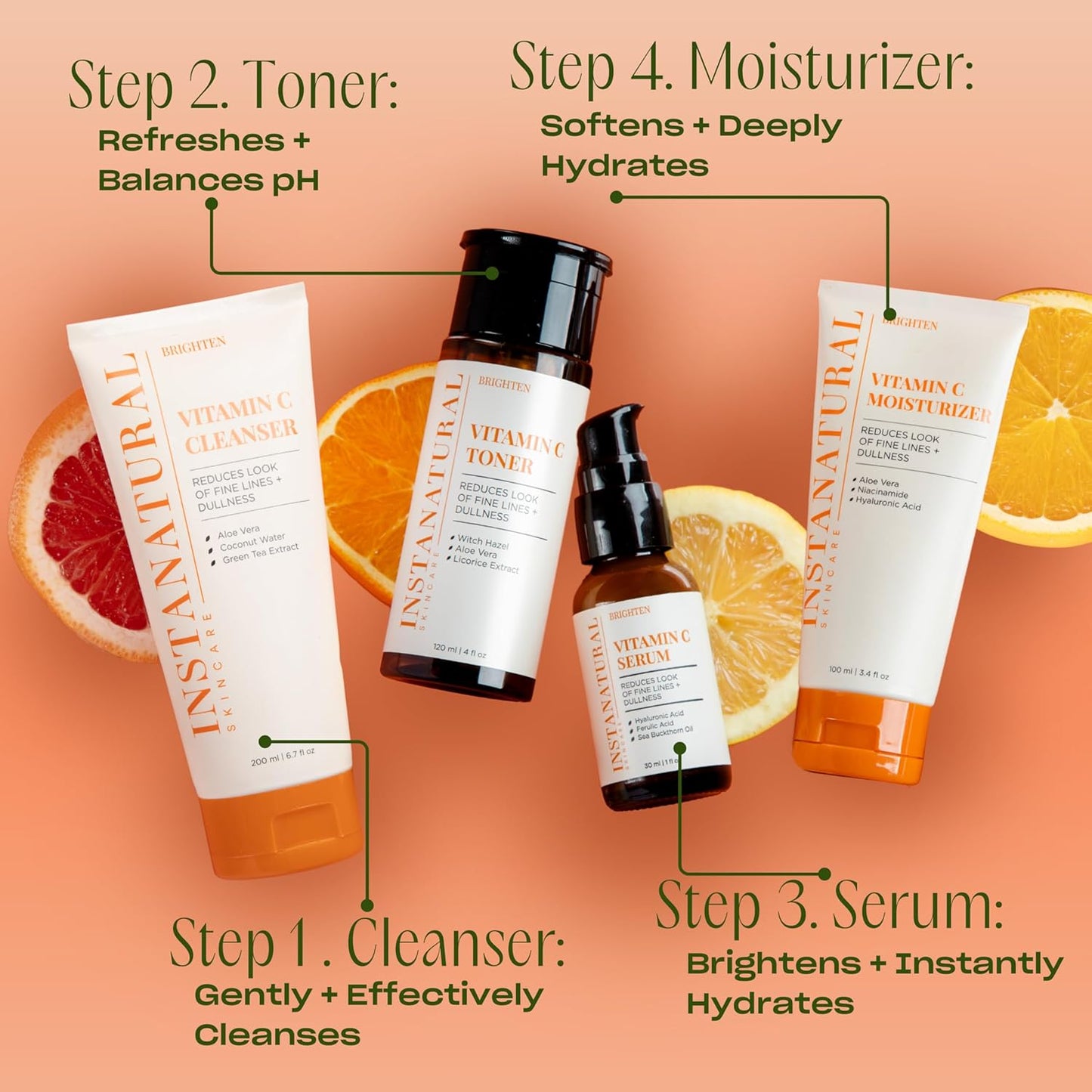InstaNatural Vitamin C Face Serum with Hyaluronic Acid & Ferulic Acid | Brightening & Hydrating Formula for Radiant, Smooth-Looking Skin – 1 FL Oz - 3 Pack
