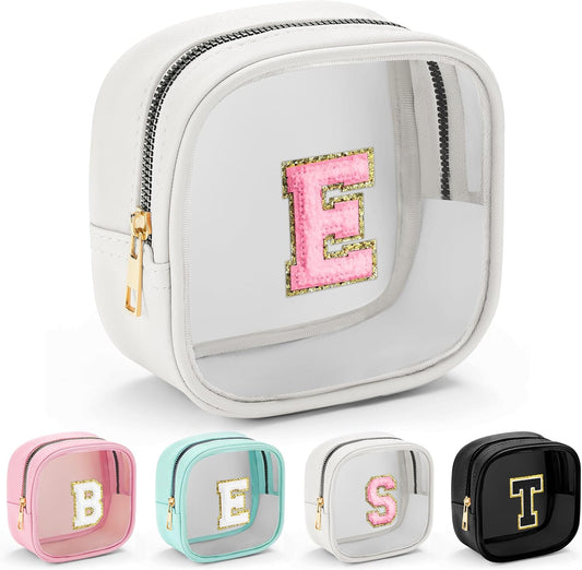 YOOLIFE Initial Make Up Bag Travel Toiletry Bag, Clear Makeup Bag Preppy Cosmetic Bags Organizer Travel Essentials Gifts for Women Teen Girlfriend Teacher Mom Birthday Mothers Day Gifts White E