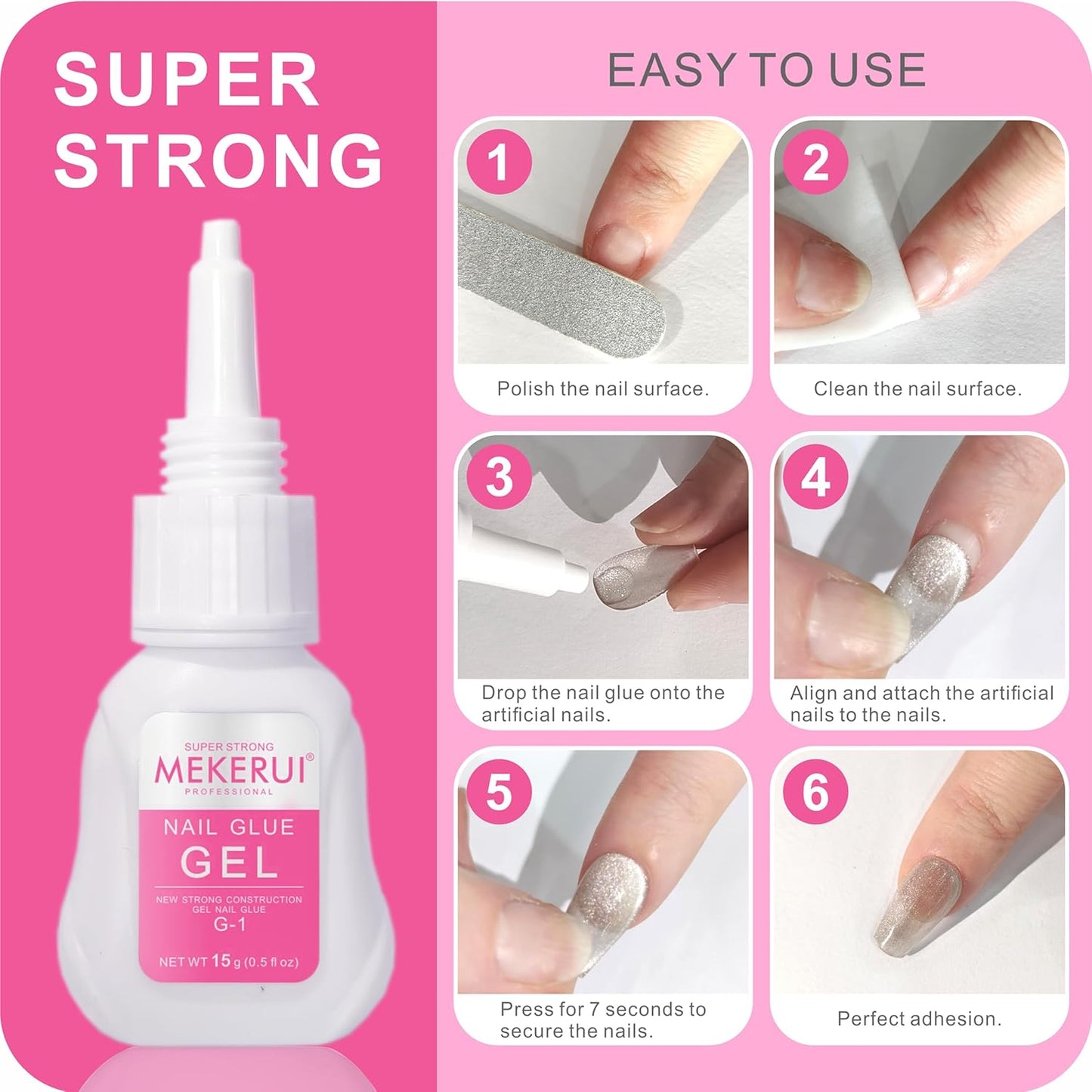 Super Strong Nail Glue Gel (15g) for Press on Nails,Drip and Clog Proof,7S Quickly Dry Without UV Light,Long-Lasting 30+Days,Waterproof Beauty Secret Professional Salon Quality (1, Nail Glue)