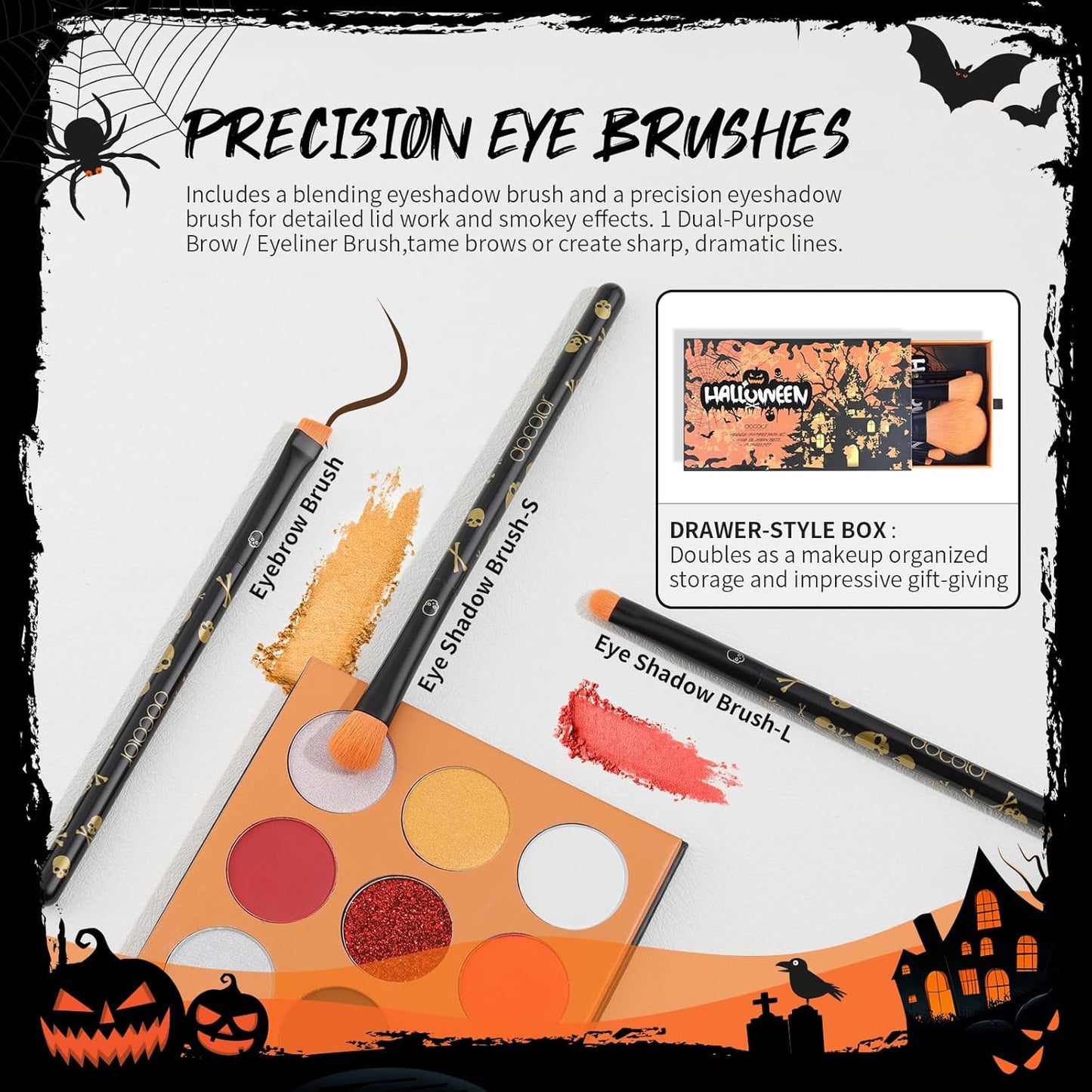 docolor Makeup Brush Set,5PCS Halloween Goth Makeup Brushes Powder Contour Eyeliner Brow Eyeshadow Brush Set with 9 Colors Halloween Eyeshadow Palette,1PC Makeup Sponge Puff&3PCS Halloween Scar Tattoo
