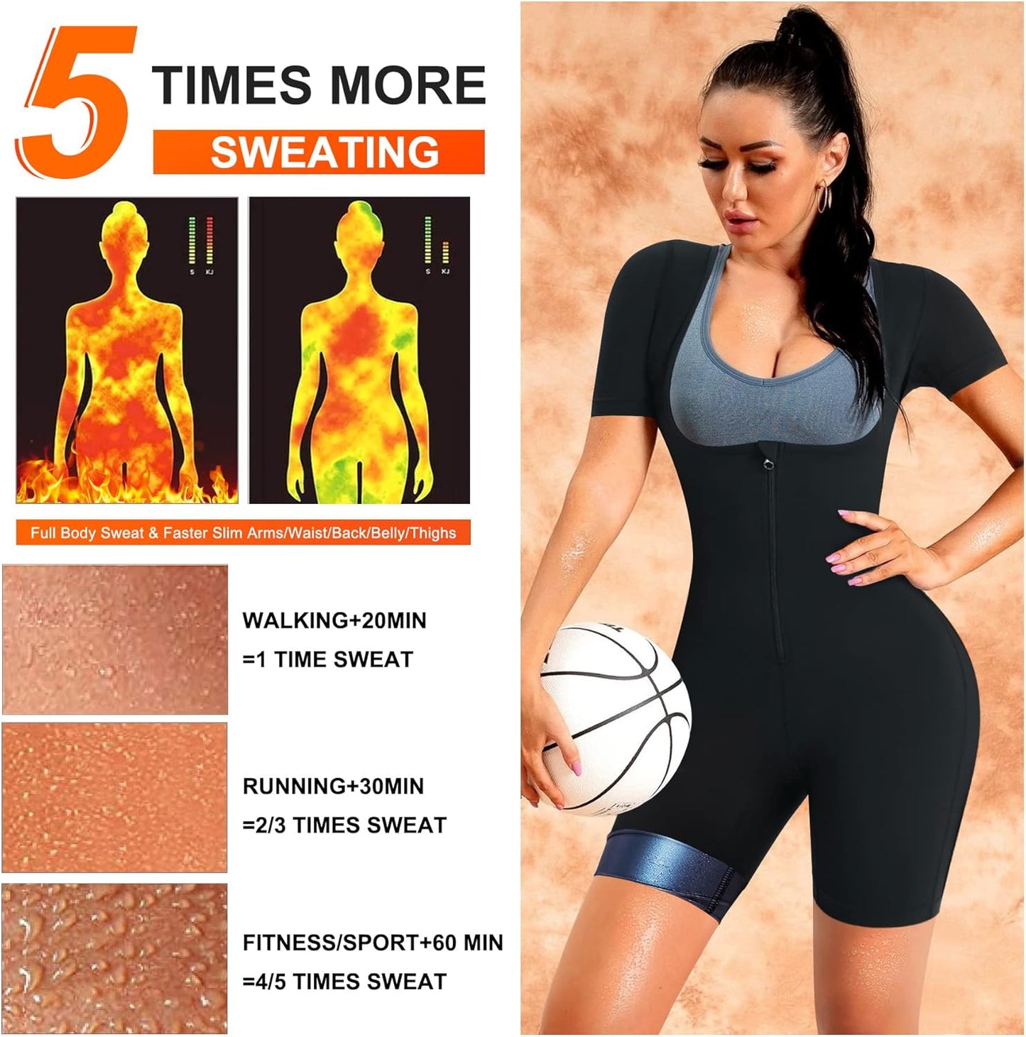 URSEXYLY Sauna Suit for Women Sweat Vest Waist Trainer 3 in 1 Slimming Full Body Shaper Workout Top with Sleeve Shorts