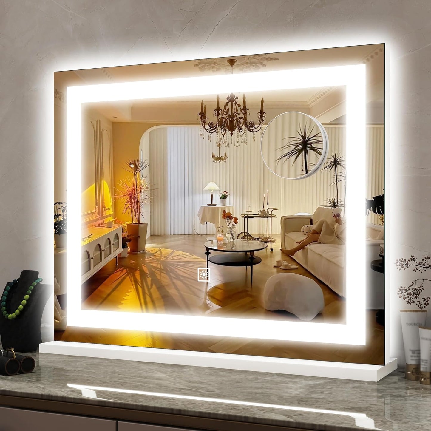 Lighted Vanity Mirror with Lights, LED Makeup Mirror with 3 Color Modes, Touch Dimming, Wall Mountable & Tabletop, Dressing Room Mirror with 10X Magnification, 22x19 Inch, White