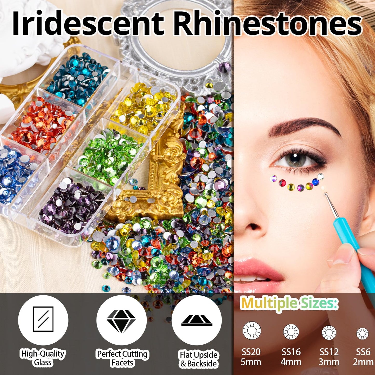 Colorful Face Gems for Makeup Set, Clear Glass Gems+Mixed-Colored Crystals with Picker Pencil, Makeup Glue, Dual-End Dotting Tool, Tweezer for Eye Body Hair Make-up and Nail Art Deco