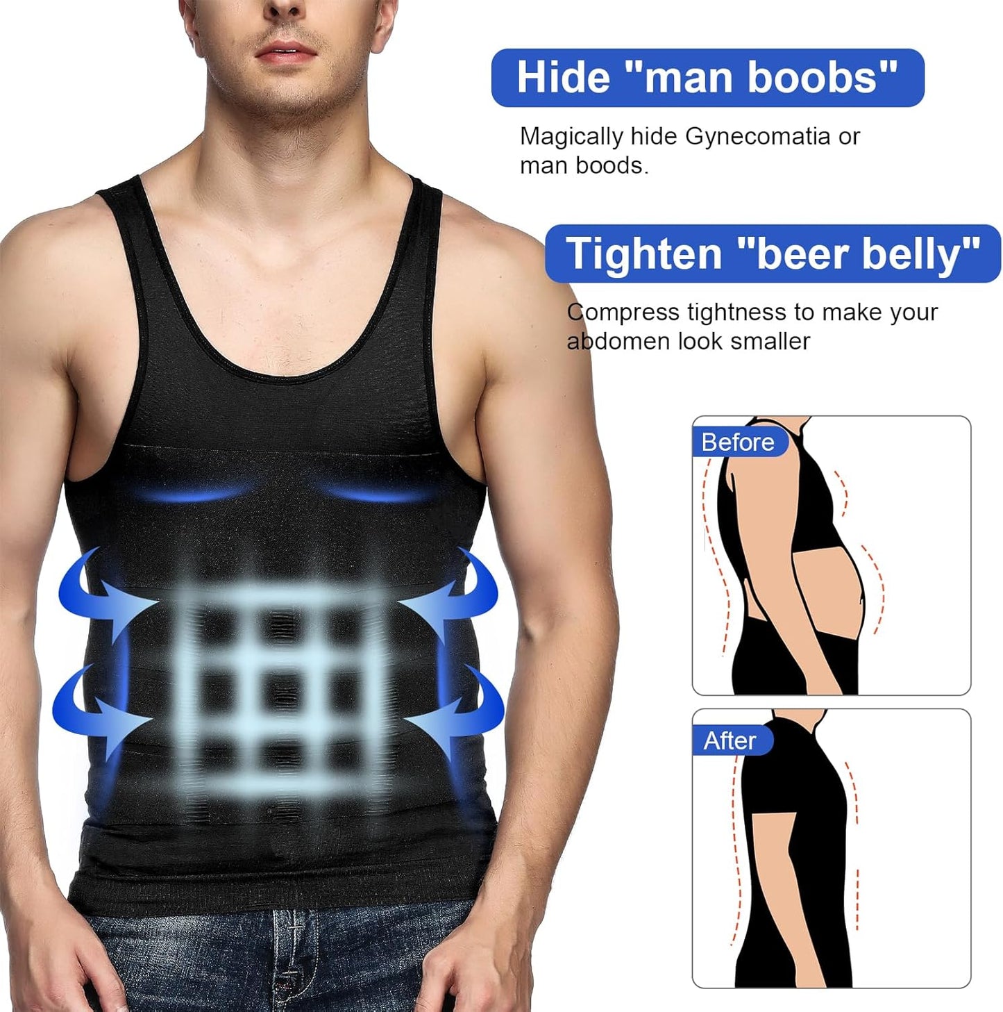 Odoland 5 Pack Men's Compression Shirt Short Sleeve Vest Set, Body Shaper Shapewear Tank Top Base Layer for Sport