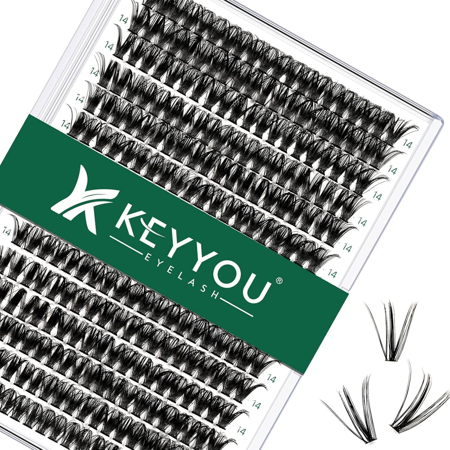 Lash Clusters 300pcs Individual Lashes 50D 0.07D Curl 14mm DIY Eyelash Extension KEYYOU Large Tray Volume Soft&Natural Cluster Lashes(50D-0.07D,14）