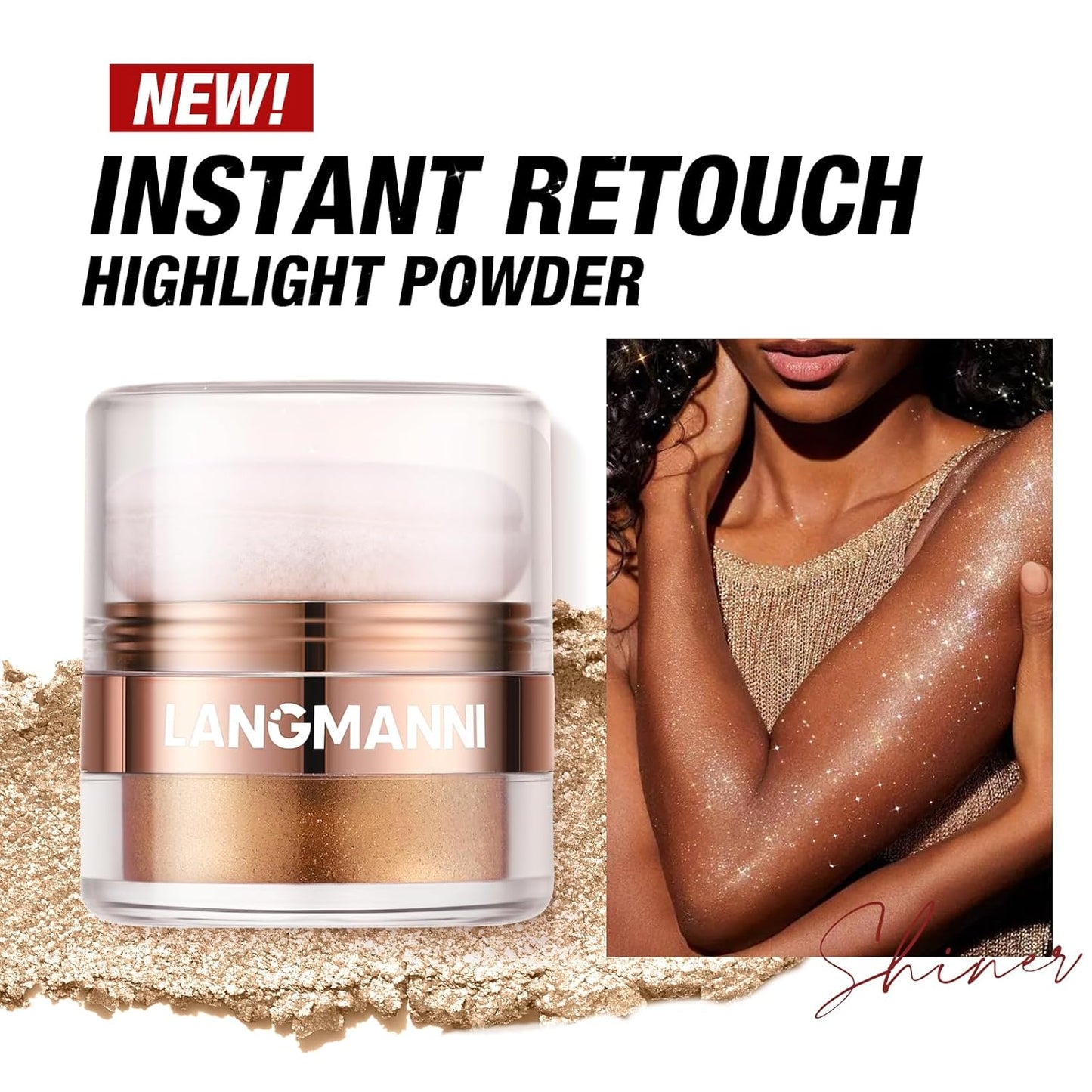 Glitter Body Highlighter Powder Body Shimmer Sparkle Face Brightening Highlighter Powder for Face Eyes Body Glow Makeup With sponge head（ Golden）