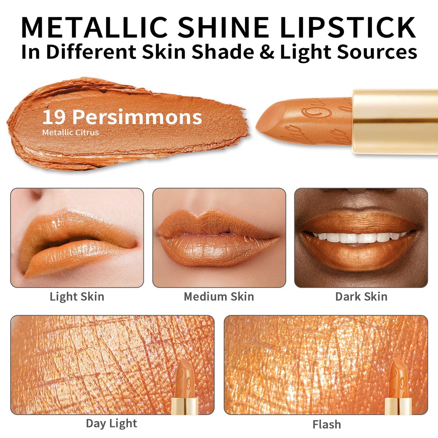 Oulac Pumpkin Color Lipstick with Metallic 3D Shine Hydrating Formula, High Impact Lip Color, Vegan Beauty, Full Coverage Lip Makeup, Christmas Gifts for Women, Persimmons(19)