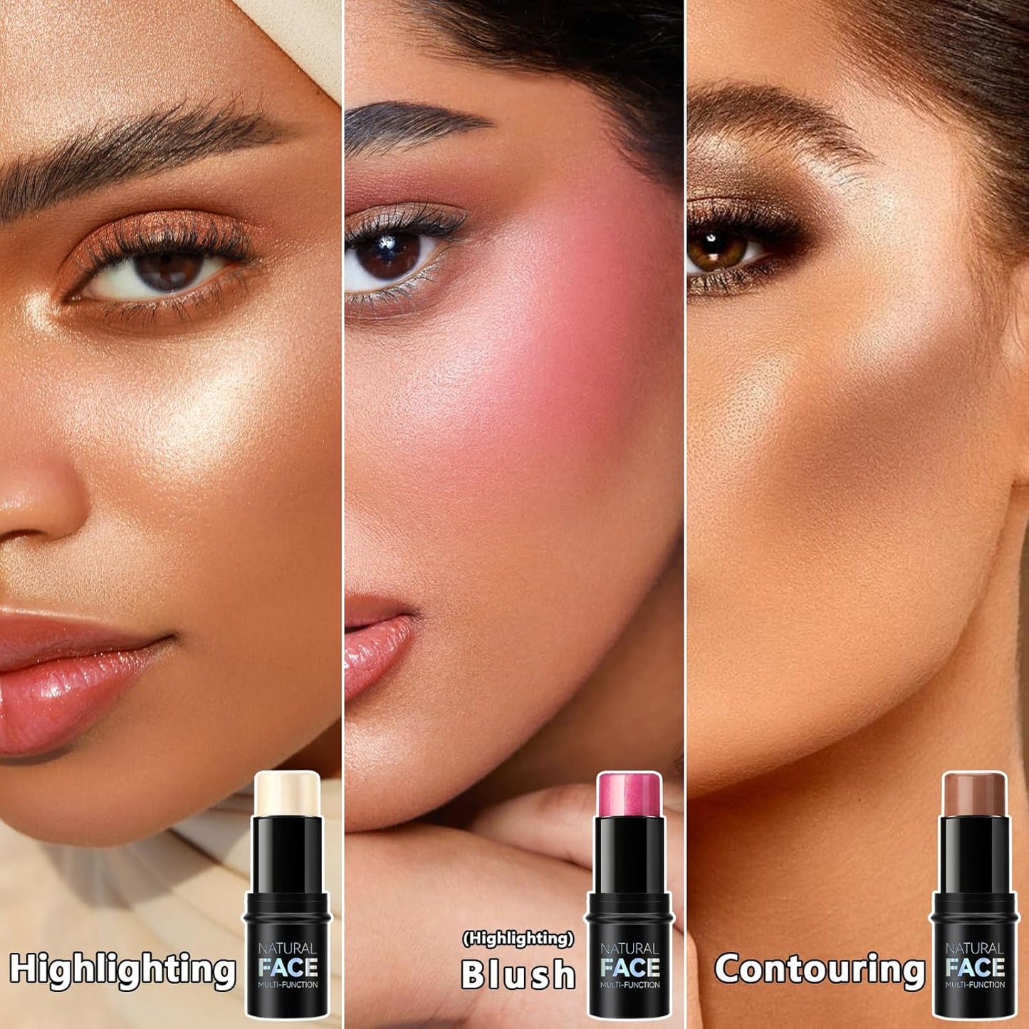 3 Pcs Contour Stick, Highlighter Stick, Blush Stick, Cream Contour Kit with Contour Brush, Create Face Contour, Non-greasy, Waterproof Long-lasting Effect for Women (1+3+4,LIGHT)