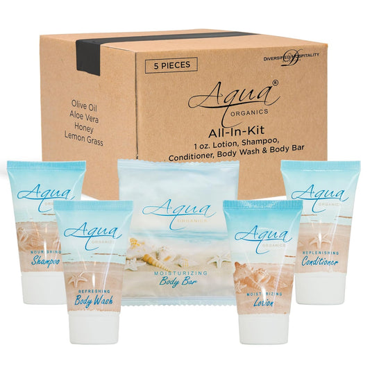 | Aqua Organics Hotel Soaps and Toiletries Bulk Set | Amenities for Hotels & Airbnb | 1oz Hotel Shampoo & Conditioner, Body Wash, Body Lotion & 1oz Bar Soap Travel Size | 5 Pieces