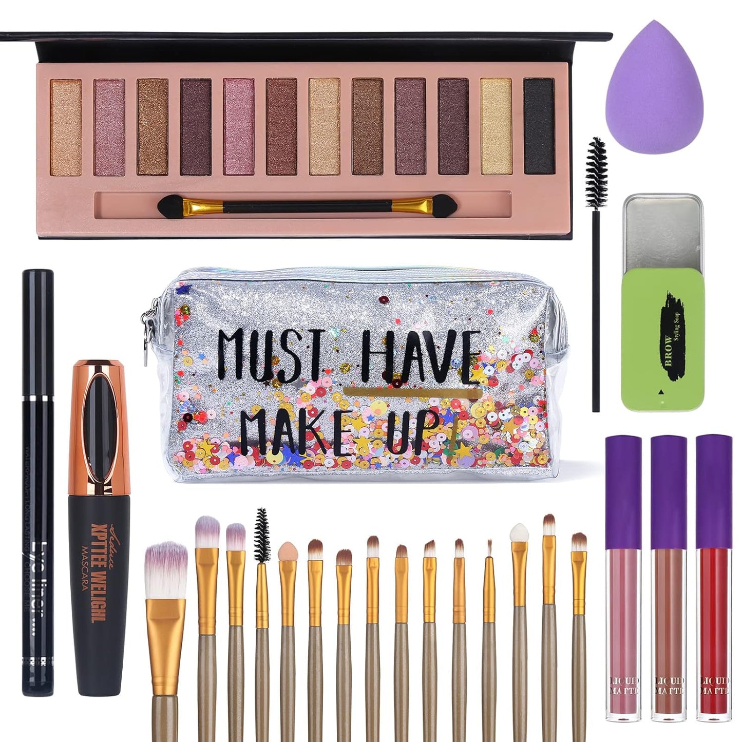 All in One Makeup Set For Women Full Kit - 12 Colors Nude Eyeshadow Palette, Waterproof Black Mascara Eyeliner Pen, 3pcs Matte Liquid Lipstick Set, Eyebrow Soap Gel Kit, 12 pcs Brushes Set Makeup Sponge with Makeup Bag Gift Set
