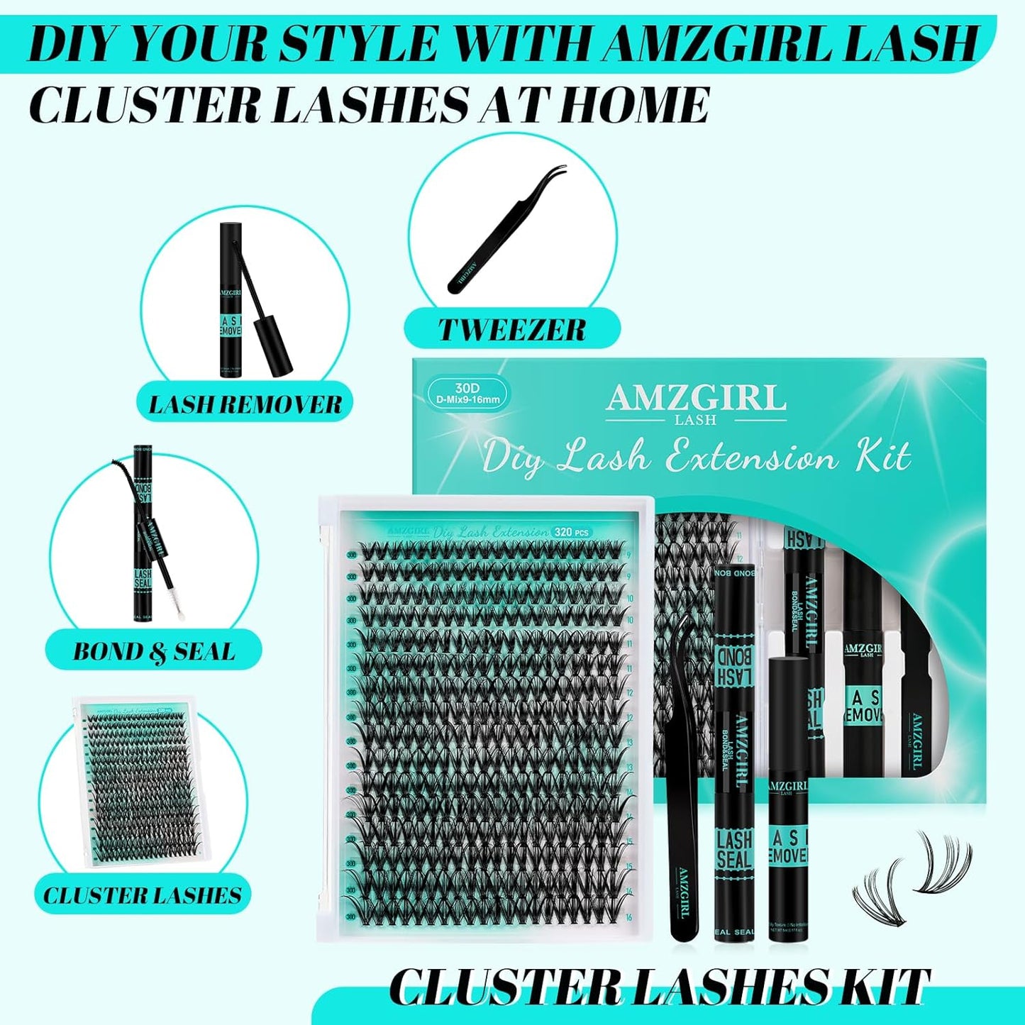 Lash Clusters Kit 320Pcs,30D Eyelash Extension Kit,Lash Bond and Seal Waterproof,Lash Remover for Individual Cluster Lashes Kit,Lash Applicator Tool for DIY Lash Extension Kit(D-Mix9-16mm Kit)