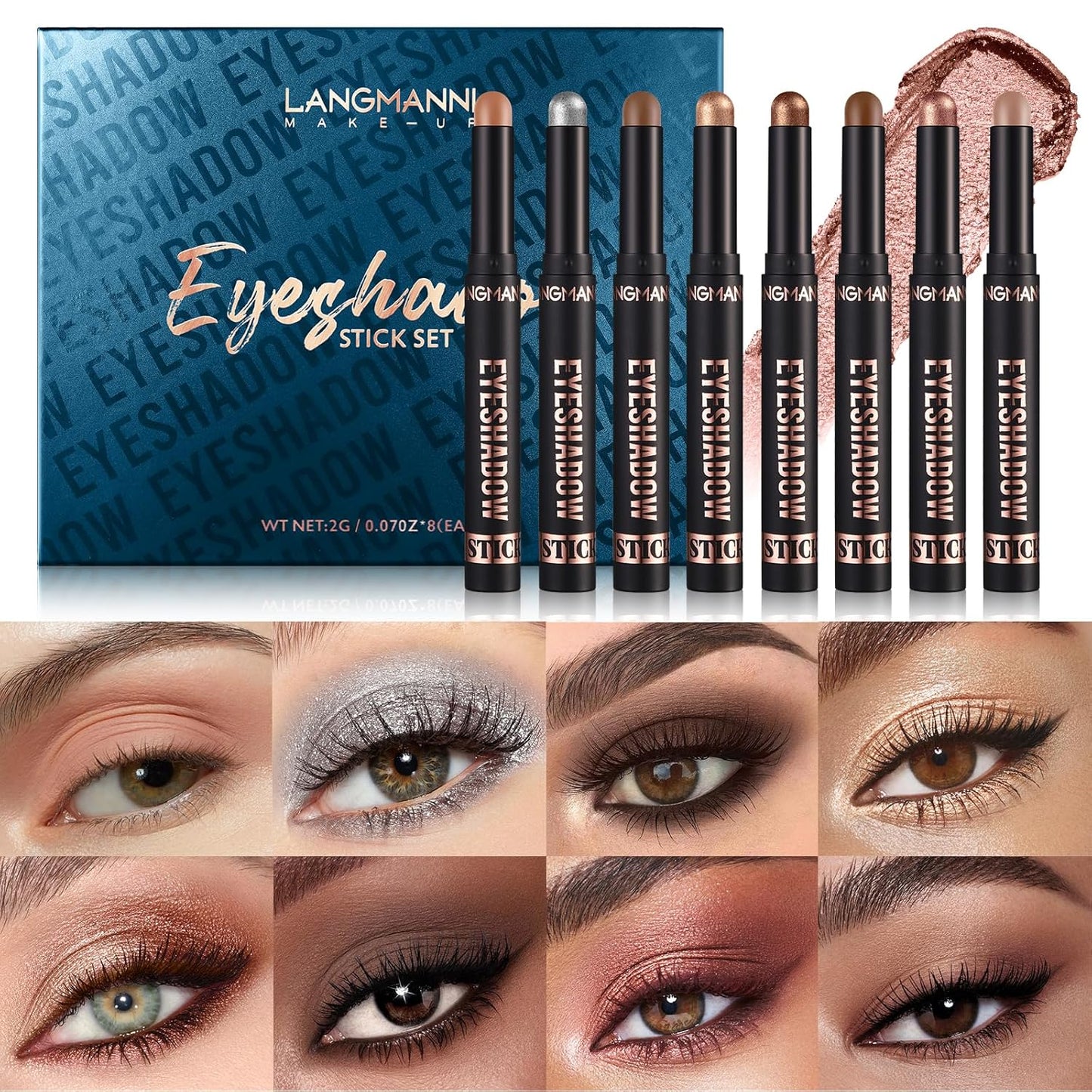 LANGMANNI 8 PCS Soft Smooth Cream Eyeshadow Stick Gift Set,Matte Earth Color+Bright Metal Color Contour Stick,Waterproof & Long-Lasting Eyeshadow (#A)