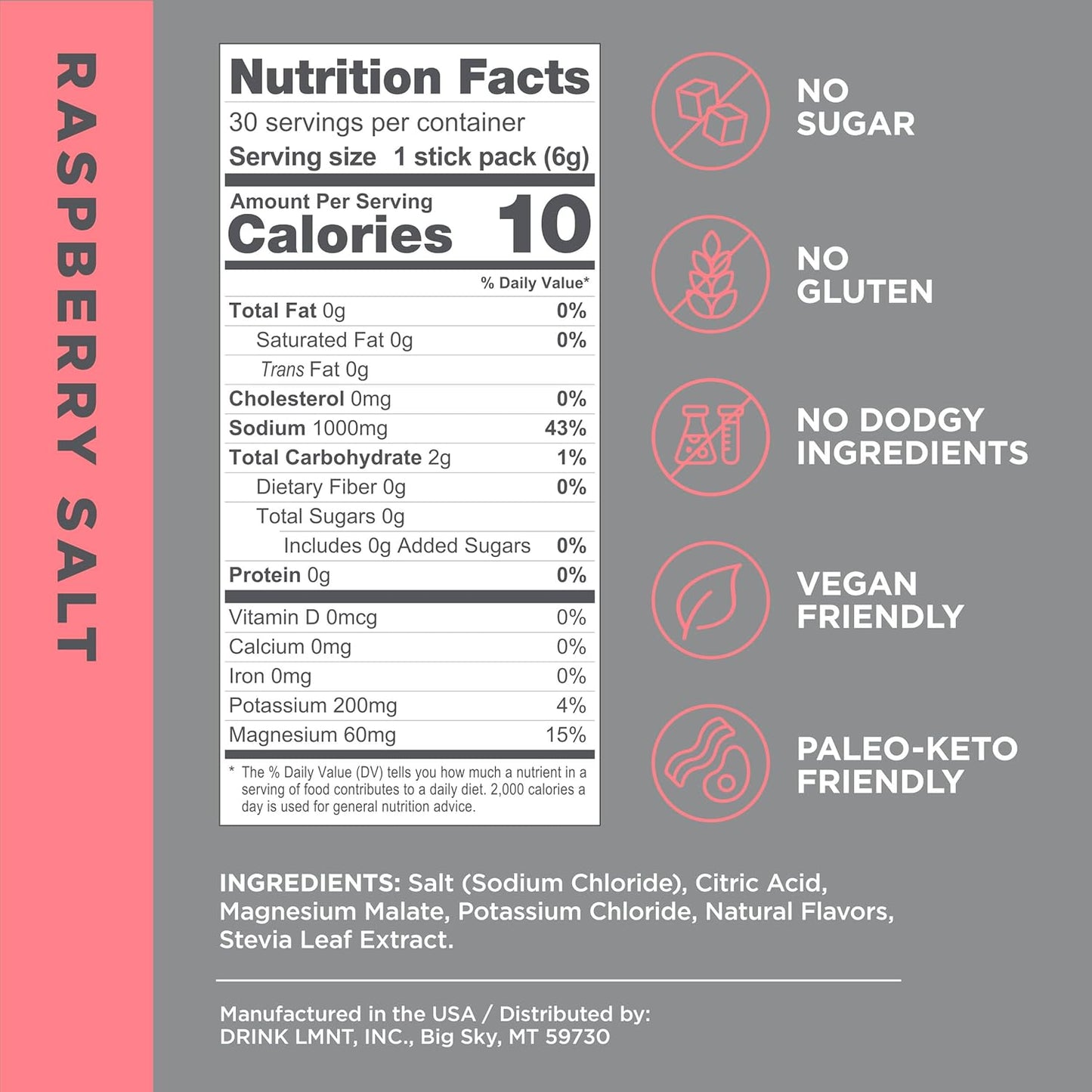 Drink LMNT Zero Sugar Electrolytes - Raspberry Salt | Drink Mix | 30-Count