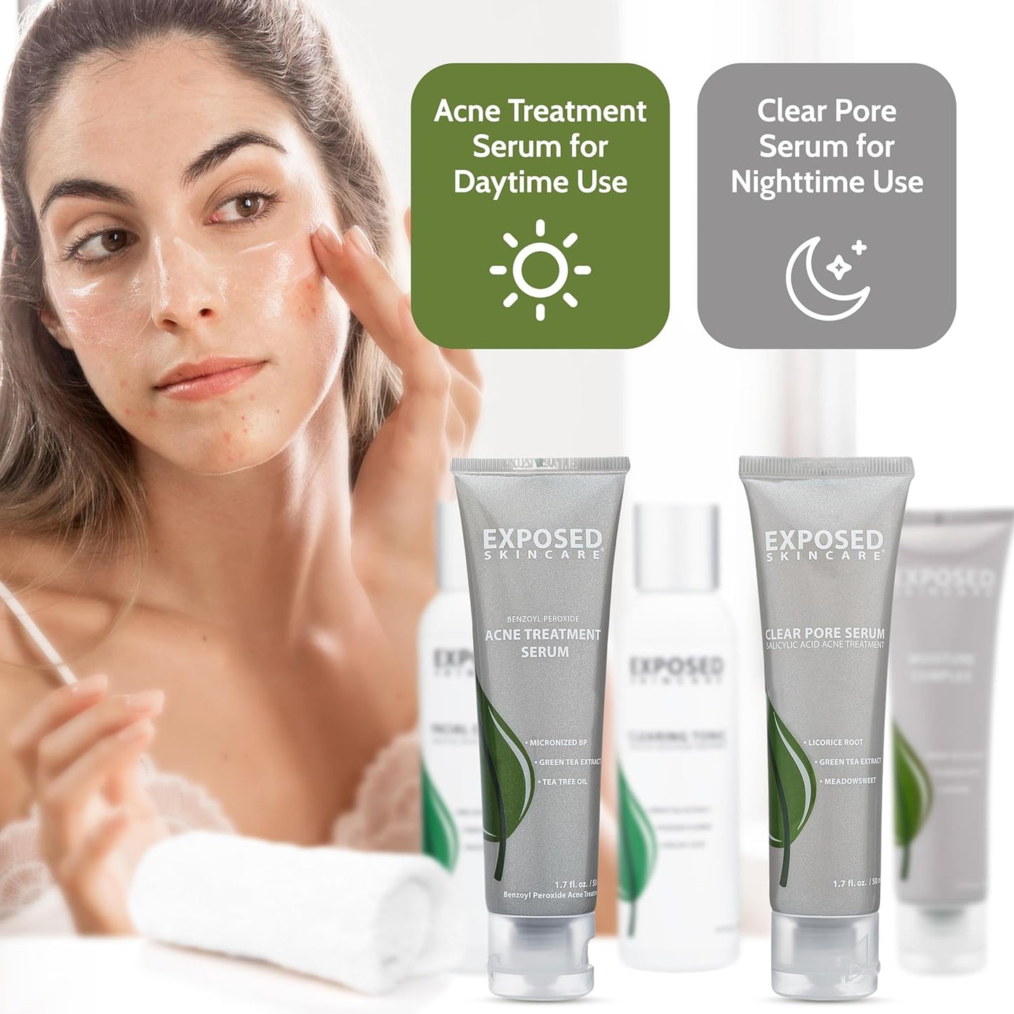 Exposed Skin Care Expanded Acne Treatment Kit - Includes Salicylic Acid Face Wash, Clearing Tonic, Treatment Serum with Benzoyl Peroxide, Clear Pore Serum, Moisture Complex - Made for All Skin Types