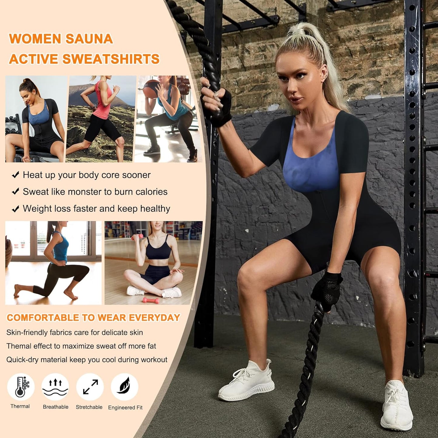 URSEXYLY Sauna Suit for Women Sweat Vest Waist Trainer 3 in 1 Slimming Full Body Shaper Workout Top with Sleeve Shorts
