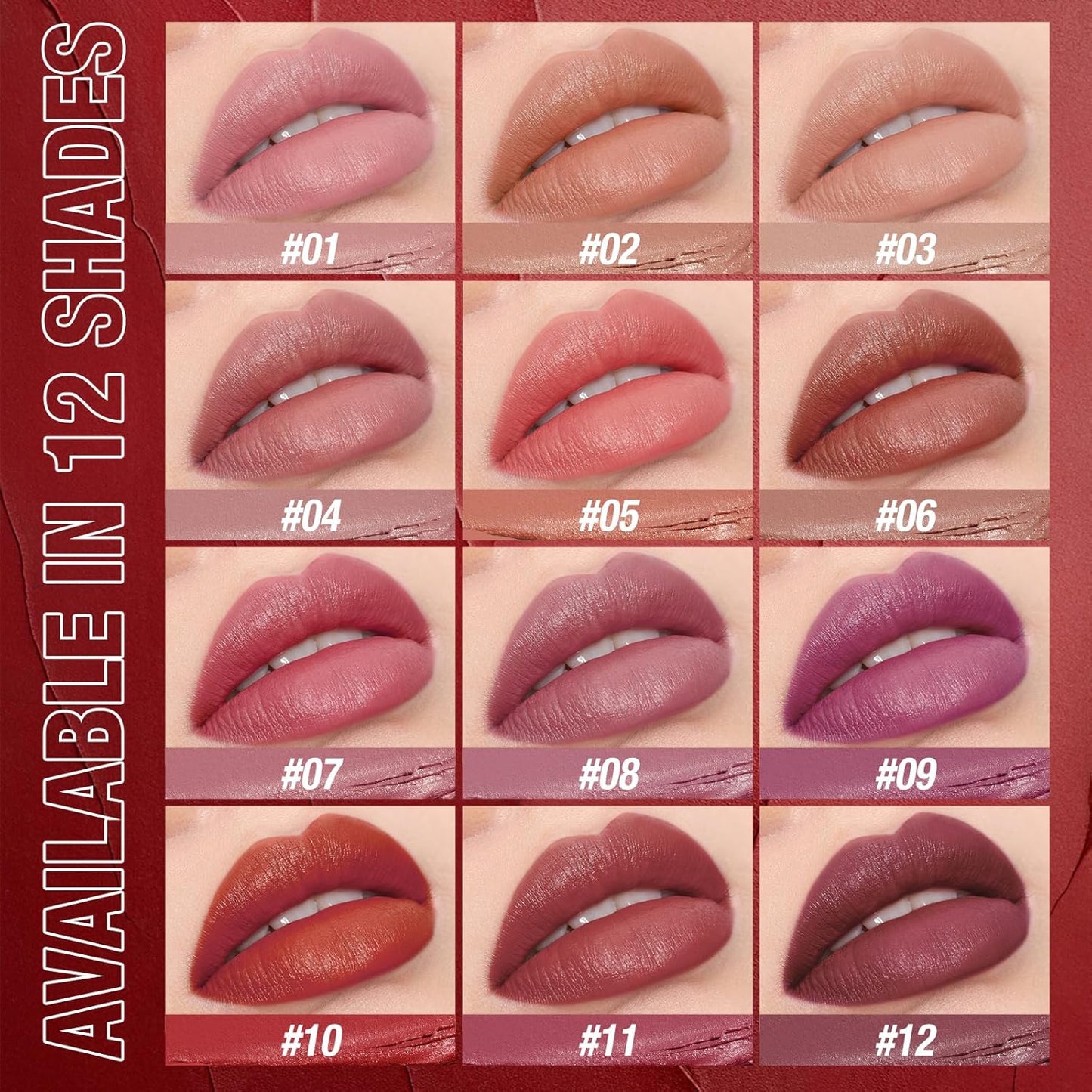 Jolilab 8Pcs Velvet Matte Lipstick Nude Matte Soft Dark Color Stick High Pigmented Long-Lasting Waterproof Lip Stick Lip Balm Beauty Cosmetics Gift for Girls and Women（01-06+11+12