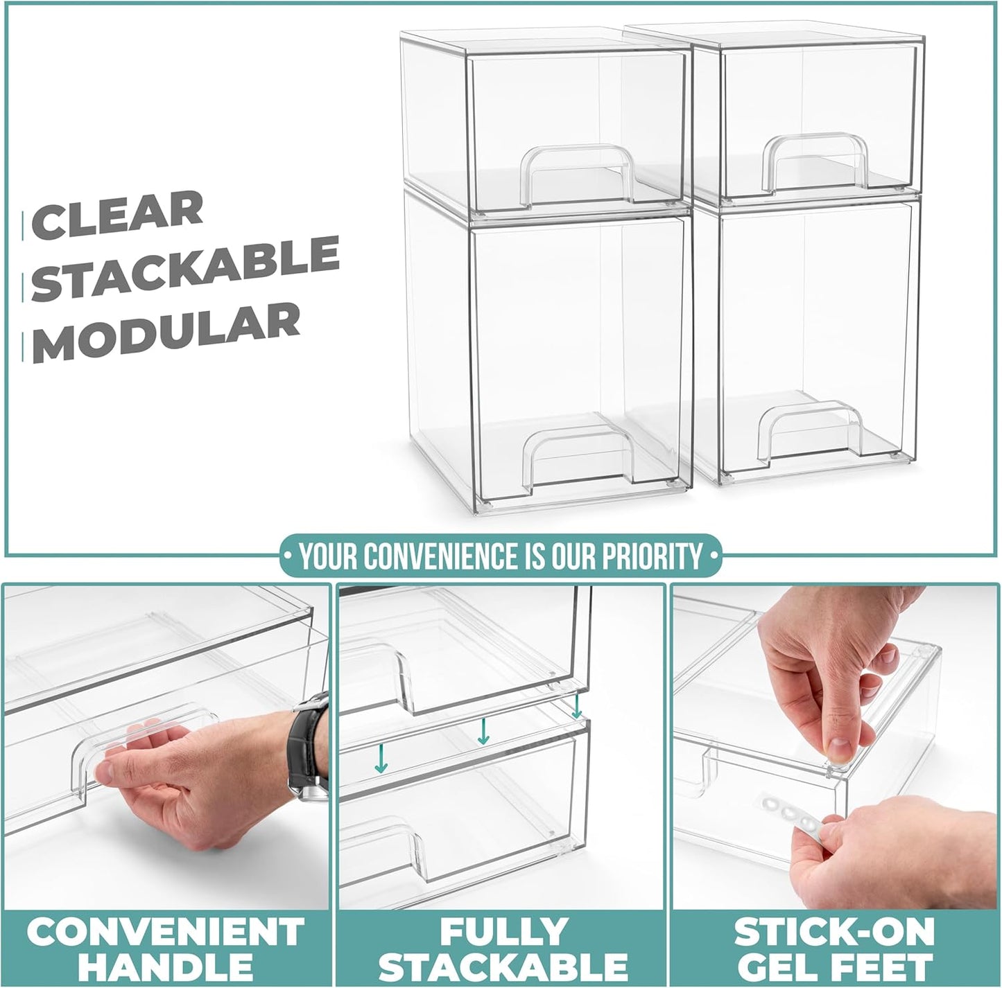 Sorbus Acrylic Storage Containers - 4 Pack, Stackable Storage Bins Set for Bathroom Organization - Clear Acrylic Drawer Organizers - Makeup Case Pull-Out Drawers (7.6’’ and 4.4’’ Tall)