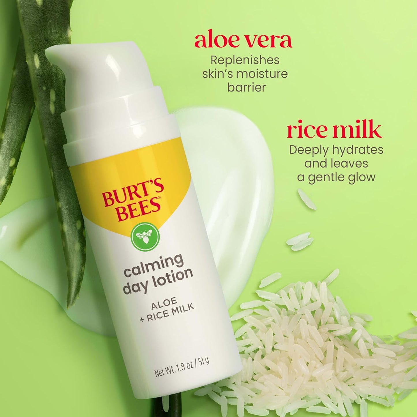 Burt's Bees Back To School Dorm Essentials, Calming Day Face Lotion With Aloe and Rice Milk, Soothing Face Lotion for Sensitive Skin, 98.9 Percent Natural Origin Skin Care, 1.8 oz. Bottle