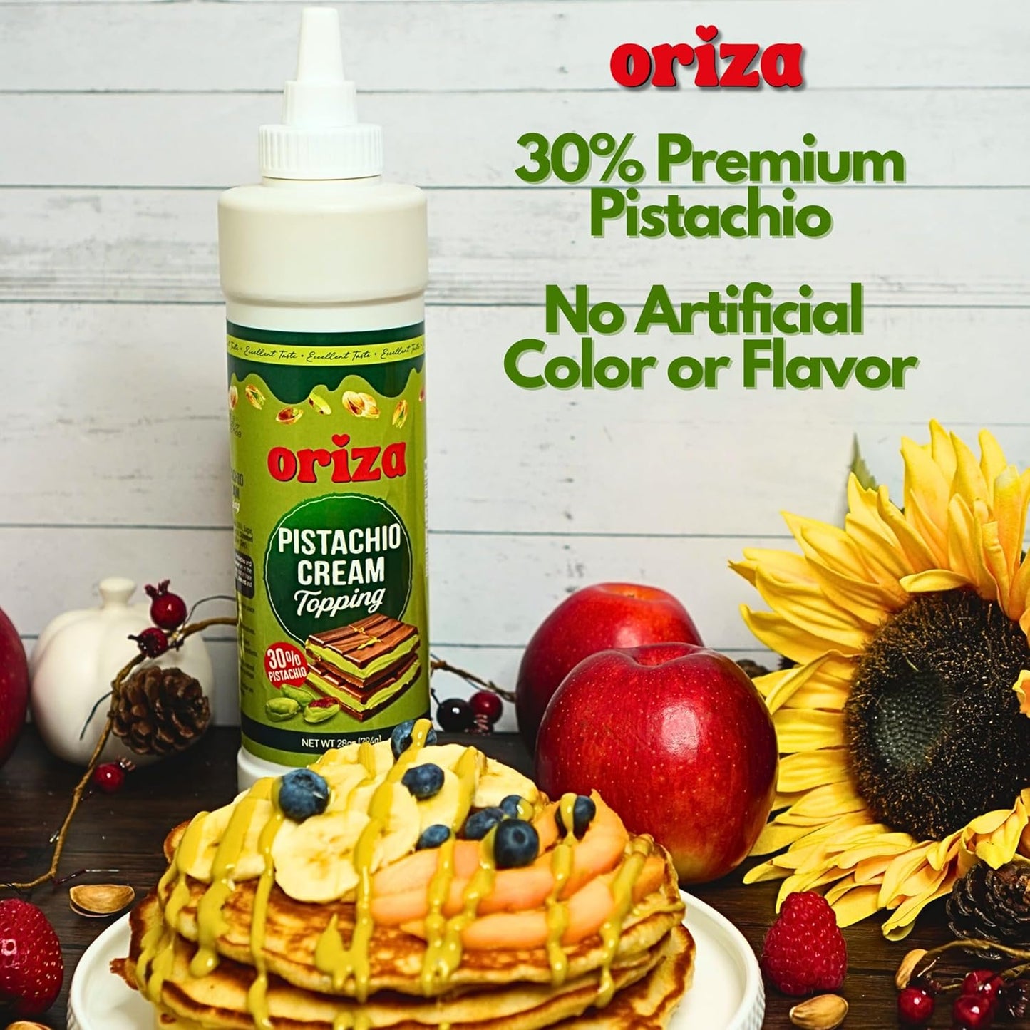 Oriza Pistachio Cream Topping, 28oz Bottle (Pack of 24) – Bulk Pistachio Spread with 30% Pistachios, Palm Oil Free, Non-GMO – Ideal for Cafes, Bakeries & Restaurants