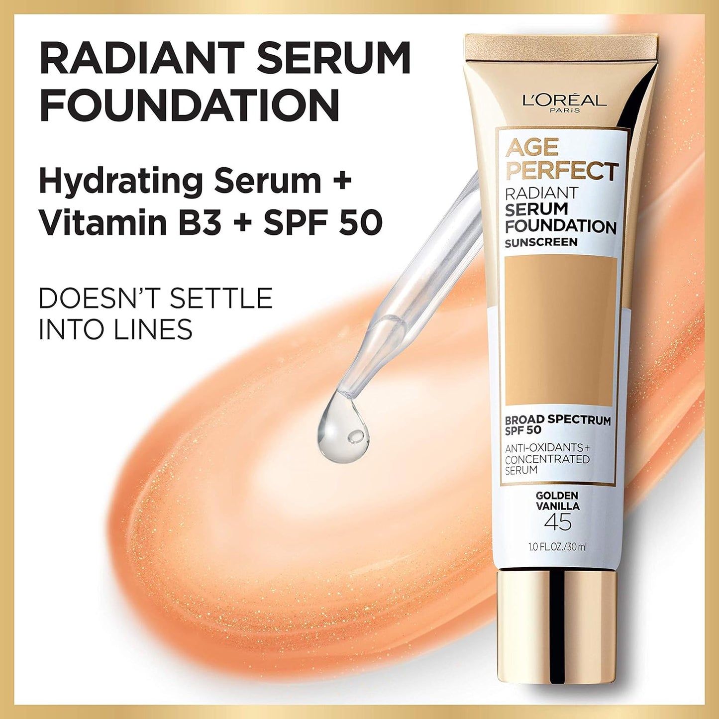 L'Oreal Paris Age Perfect Radiant Serum Foundation with SPF 50, Toffee, 1 Ounce