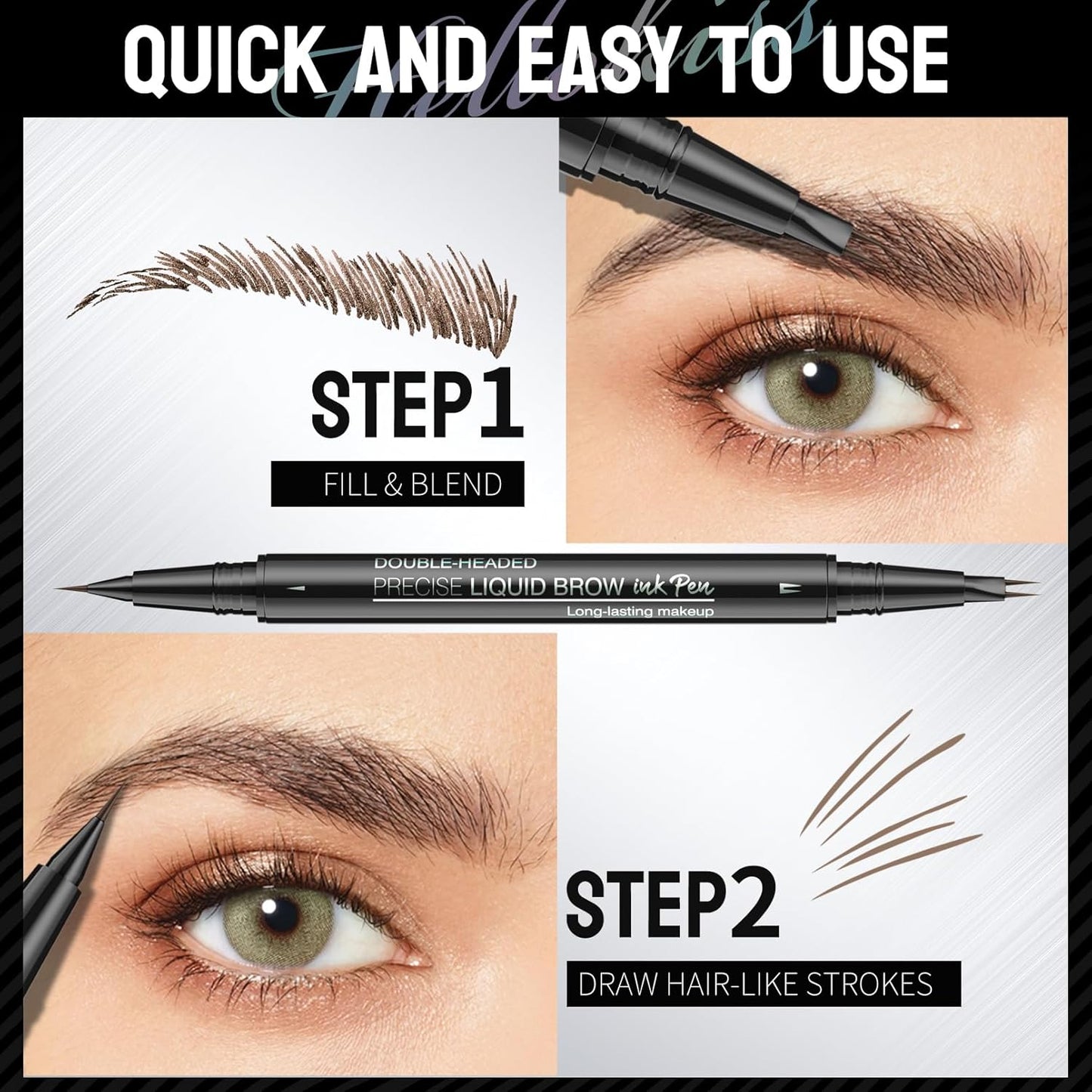 Curved Microblading Eyebrow Pen, Eyebrow Pencil 2-in-1 Dual-Ended Eyebrow Pencil 2-Fork-Tip and Single Tip Creates Natural Eyebrows Waterproof Long-lasting(Dark Brown)