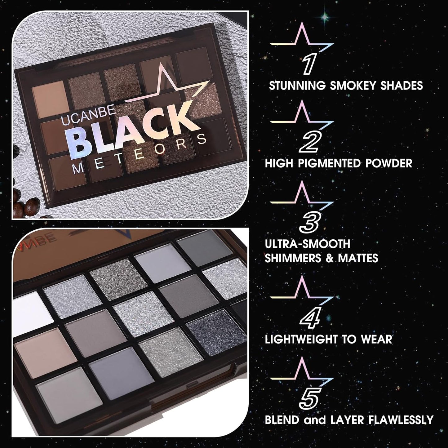 UCANBE Smokey Black Eyeshadow Palette, 15 Colors Dark Shimmer Matte Metallic Makeup Pallet, High Pigmented Gray Silver Sombras De Ojos Kit for Daily and Halloween