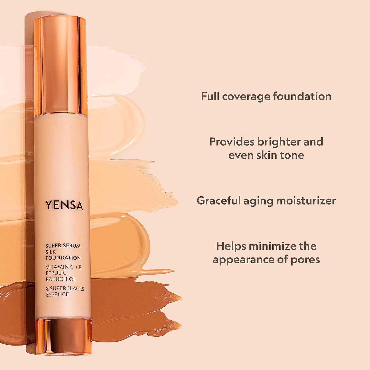 YENSA Super Silk Foundation - Full Coverage, Age-defying complex of Vitamin C, E, Ferulic, and Bakuchiol Oil (Deep 3) 1.0 fl oz