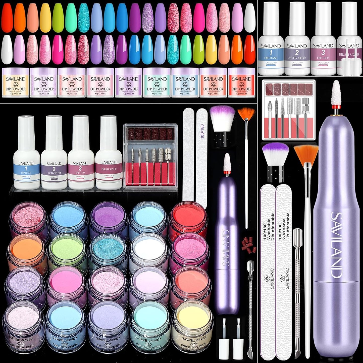 SAVILAND Dip Powder Nail Kit with Drill - 20 Colors Summer Dip Nails Powder Starter Kit with Everything Dip Liquid Set Dipping System Base Top Coat Activator for Dip Manicure Art Salon DIY