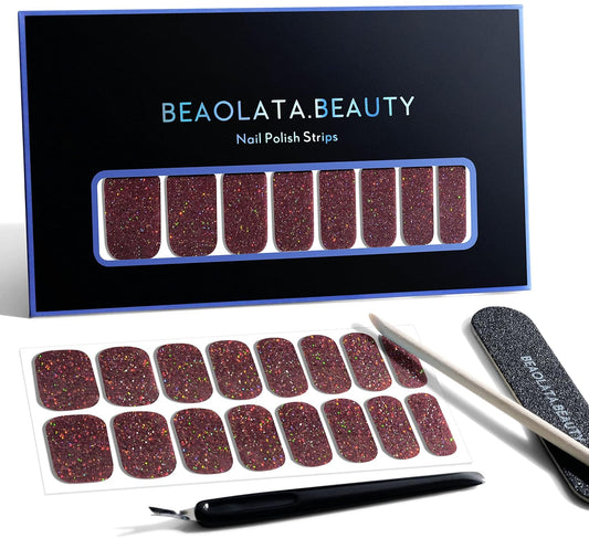 Nail Polish Strips, 32PCS Salon Quality Wraps, Long Lasting Gel Nail Stickers for Women Easy Apply& Remove (Chocolate Brown Glitter)
