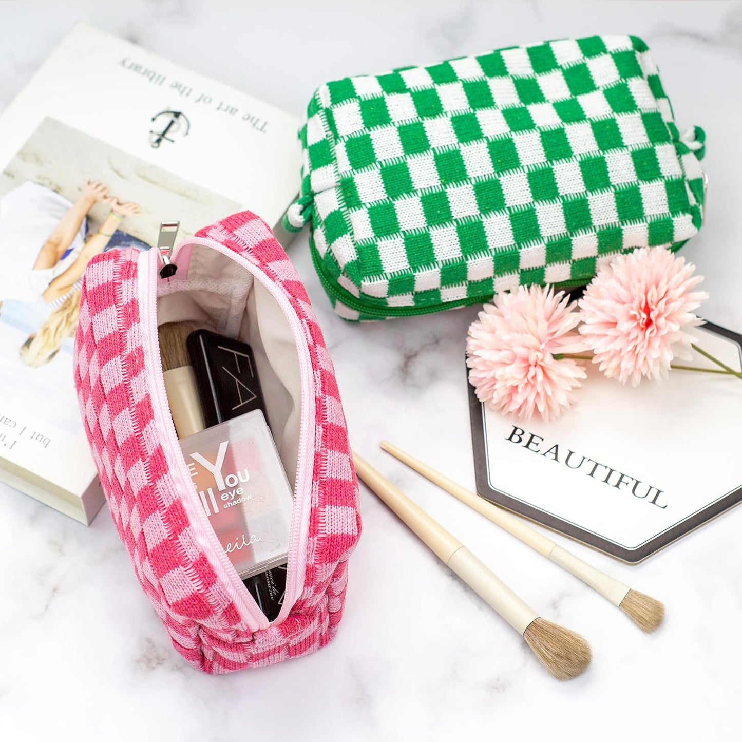 PAZIMIIK Checkered Makeup Bag for Purse Portable Zipper Make Up Pouch Small Cosmetic Case for Travel Accessories (2PCS Blue Hotpink)