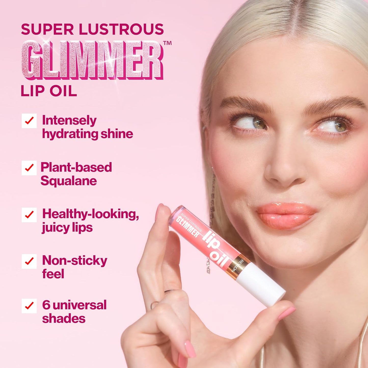 REVLON Super Lustrous Glimmer Lip Oil, Moisturizing & Tinted, Shiny Finish, Made with Plant-Based Squalane, 006 Plum Pop, 0.13 fl oz