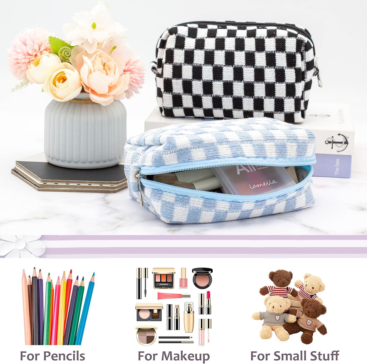 PAZIMIIK Checkered Makeup Bag for Purse Portable Zipper Make Up Pouch Small Cosmetic Case for Travel Accessories (2PCS Blue)