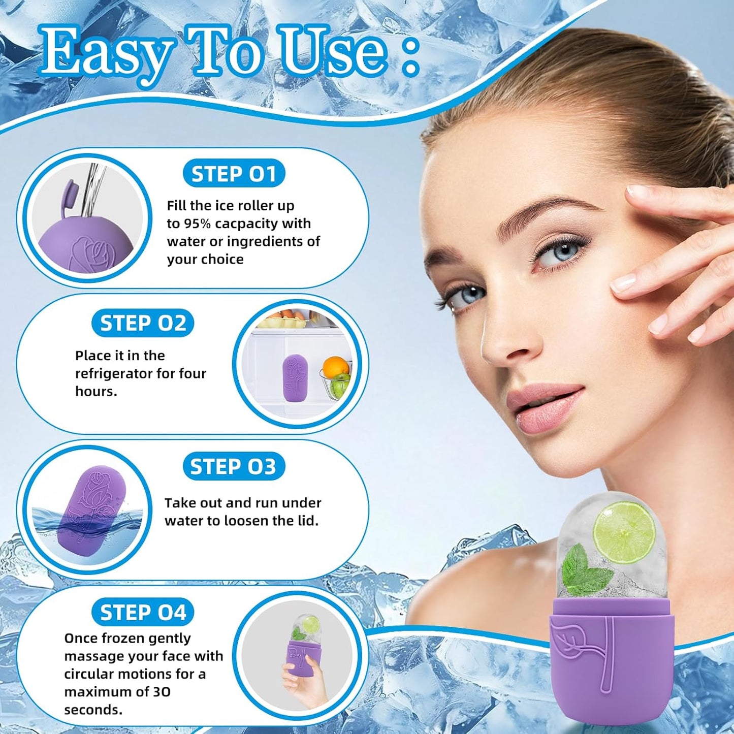 Ice Face Roller Massager for Face, Reusable Silicone Ice Cube Mold, Facial Beauty Ice Roller, Reduce Puffiness and Dark Circles, Minimize Pores & Improve Skin Texture (Pink)