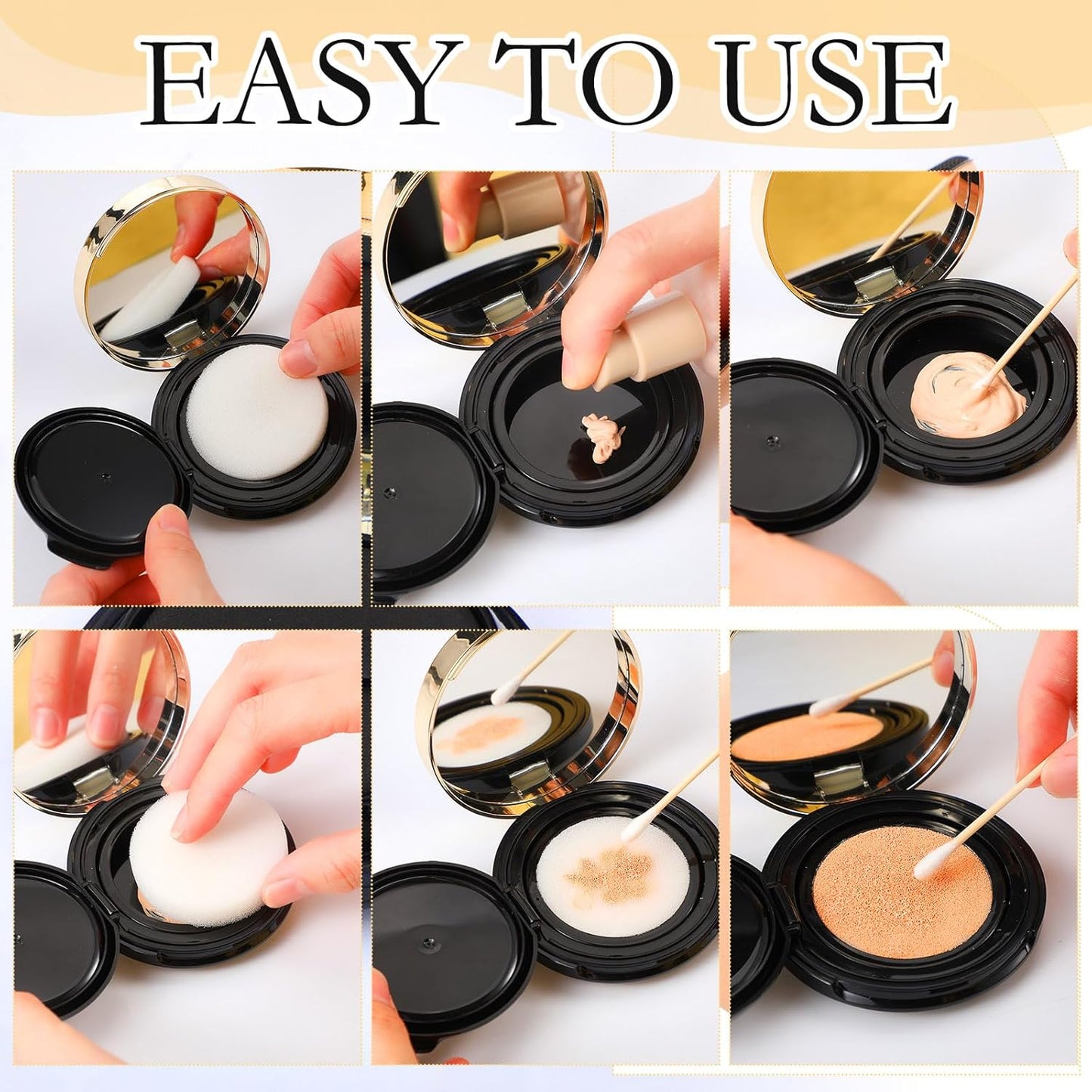 Patelai 7 Pcs 0.5oz Empty Luxurious Air Cushion Puff Box with Sponge Puff and Mirror, Portable Make-up Powder Container Case with Extra Sponges and Puffs, Refillable Foundation Bb Cream Box (Black)