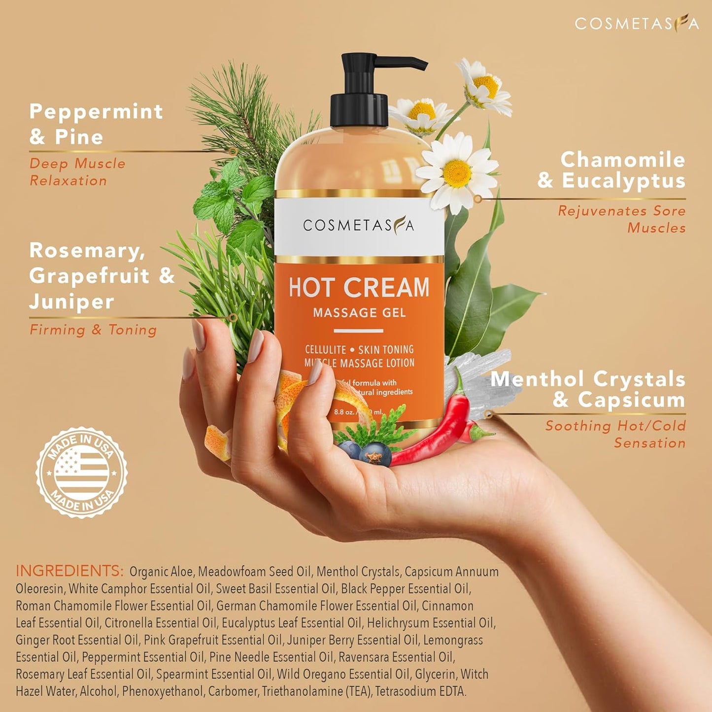 Cellulite Massage Oil & Hot Cream - 100% Natural Cellulite Oil & Gel, Highly Absorbable, Firm, Tone, Tighten & Moisturize Skin - Soothes Muscles (8.8 Fl Oz Each Bottle)