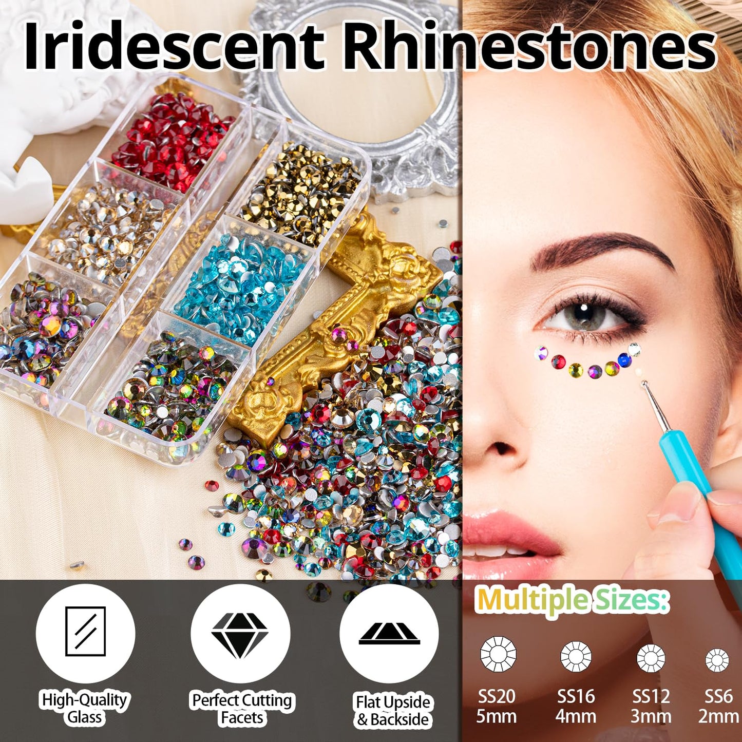 Colorful Face Gems for Makeup Set, Flatback Gorgeous Clear Glass Gem and Mixed-Colored Crystals with Makeup Glue+Picker Pencil+Tweezer+Dual-End Dotting Tool for Eye Body Hair Make-up and Nail Art Deco