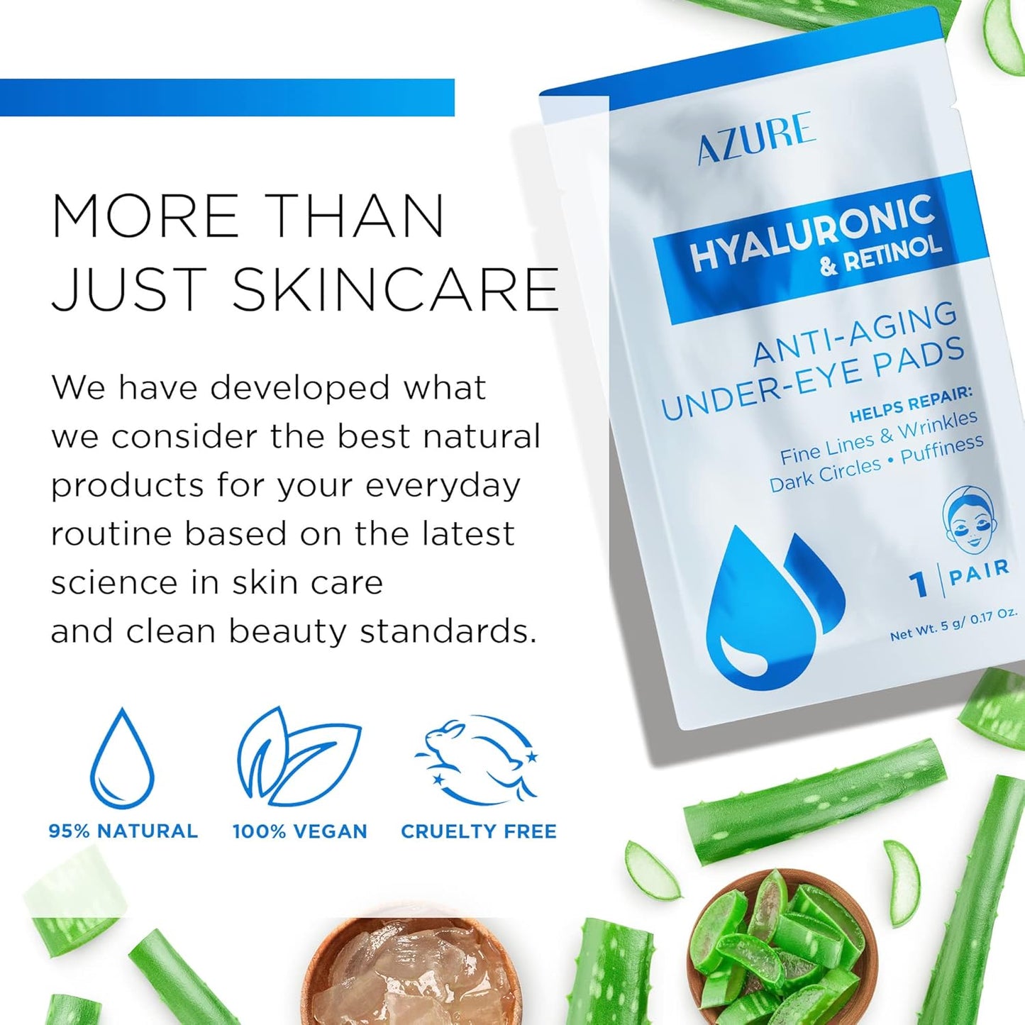 AZURE Hyaluronic & Retinol Anti Aging Under Eye Pads- Moisturizing & Rejuvenating Eye Mask Patches - Reduces Fine Lines, Wrinkles, Dark Circles & Puffiness - Skin Care Made in Korea - 5 Pairs