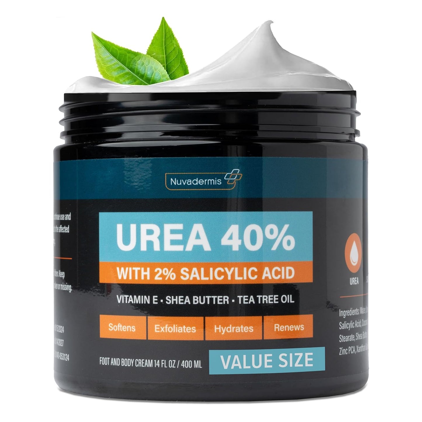 NUVADERMIS Urea Cream 40 Percent for Feet - 40% Urea Foot Repair Lotion - Maximum Strength For Dry Cracked Heels - 2% Salicylic Acid, Shea Butter, Tea Tree Oil, Vitamin E - 14 oz Jar Large