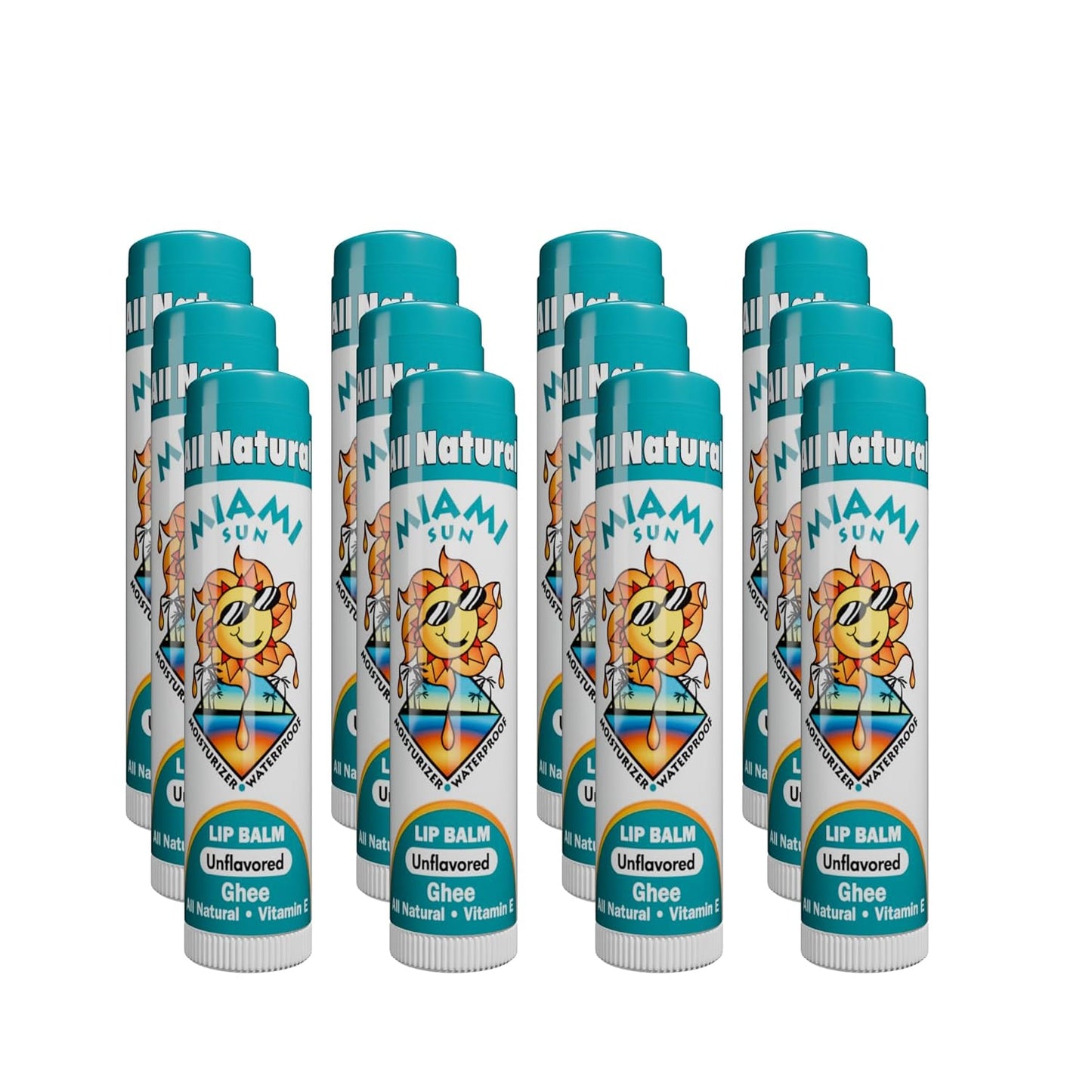 Miami Sun Natural Ghee Lip Balm, Hydrating Lip Treatment with Shea Butter & Beeswax, Organic & Non-Toxic, Best for Dry, Chapped Lips - Moisturizing, Healing, Chemical-Free Lip Care (12 Count, Natural)