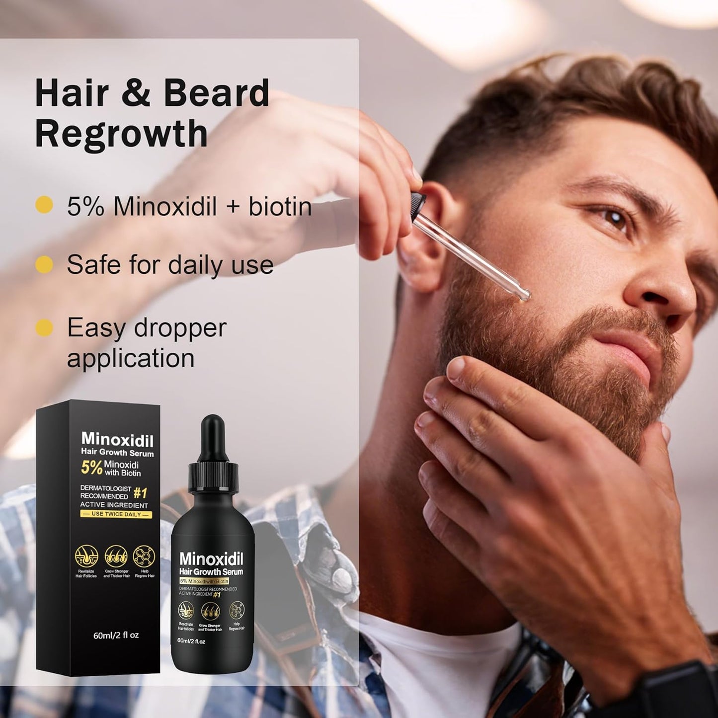 5% Minoxidil Hair Growth Serum, Topical Minoxidil for Men and Women, Hair Regrowth Treatment for Scalp Hair Loss and Thinning, With Biotin - 2.02 Fl oz