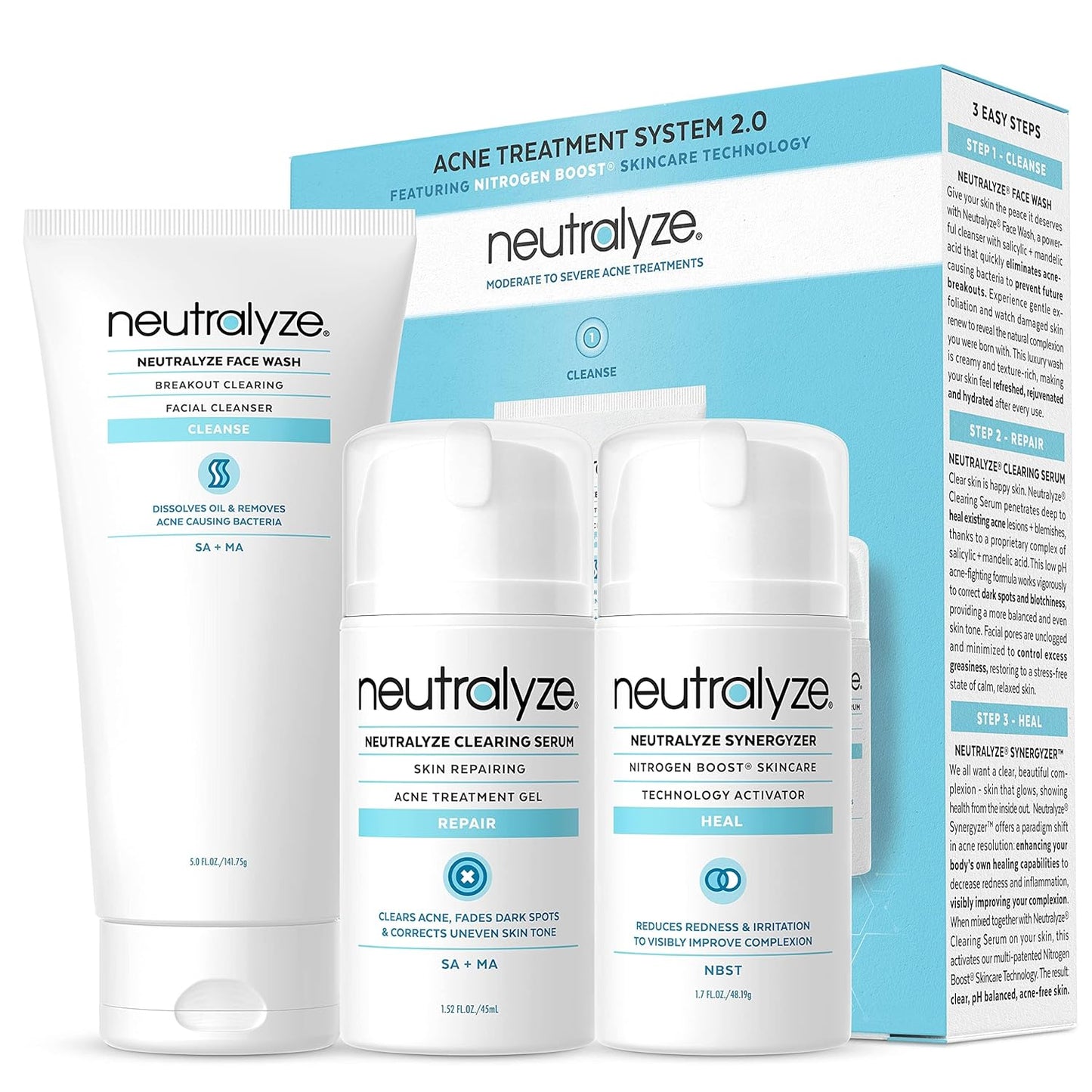 Moderate To Severe Acne Treatment Kit 2.0 - Maximum Strength Acne Kit, 2% Salicylic Acid, 2% Mandelic Acid & Nitrogen Boost Skincare Technology - Acne Treatment for Teens & Adults (90+ Day)