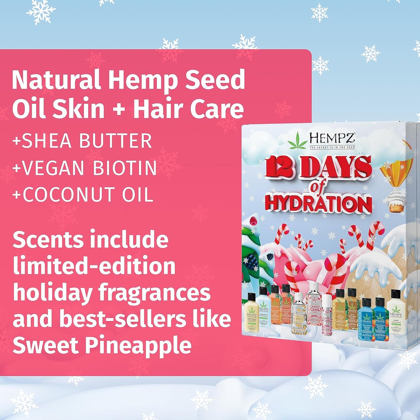 Hempz Twelve Days of Hydration Skin Care Gift Set (12-pack) - Candy Cane Moisturizer & Lip Balm, Vanilla Moisturizer, Pineapple & Melon, Original, & Triple Moisture Shampoo, Conditioner & Moisturizer
