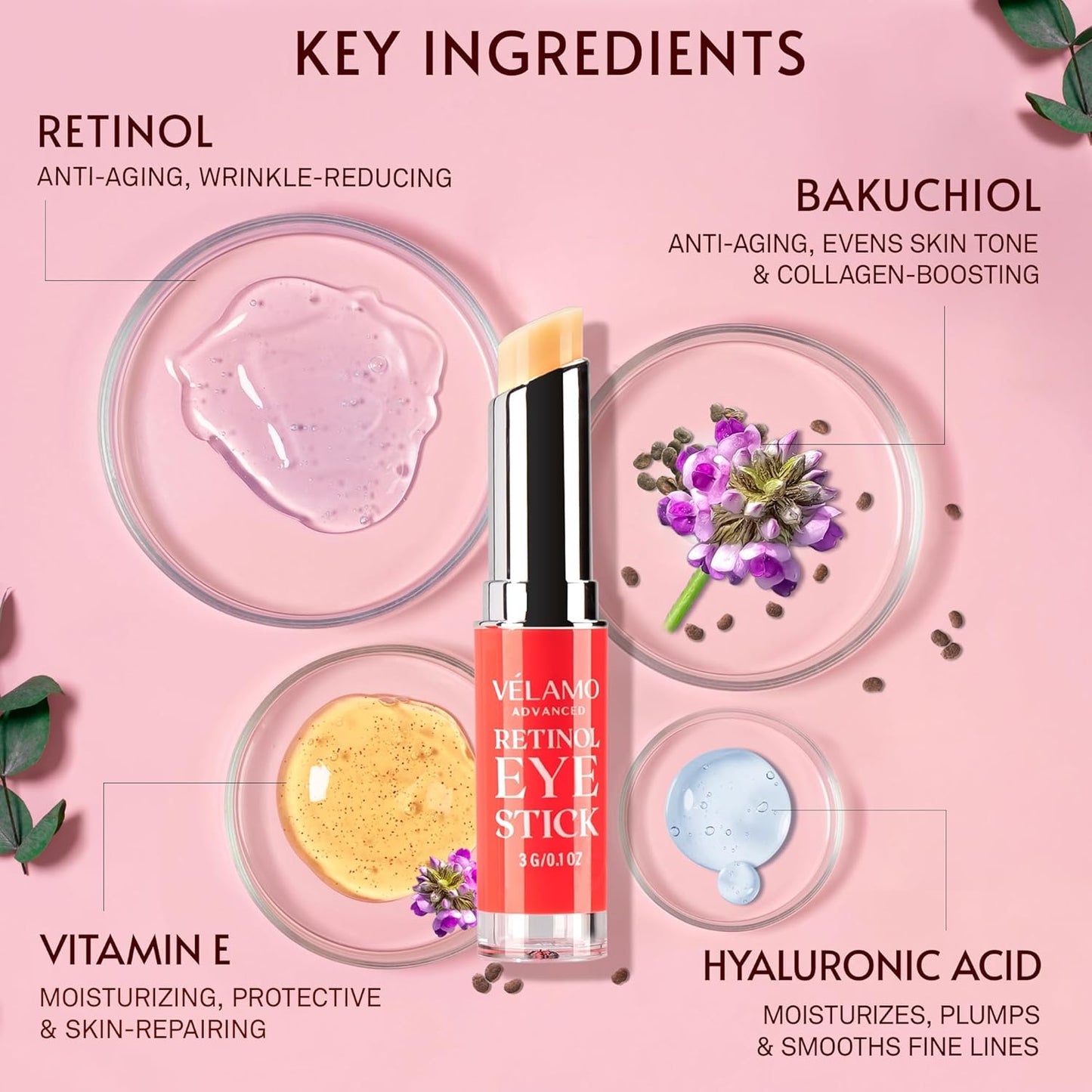 VELAMO ADVANCED Retinol Eye Stick: Retinol Eye Cream for Dark Circles and Puffiness with 1% Bakuchiol - Visibly Reduces Fine Lines Wrinkles Under Eye Bags 0.1 OZ/3g