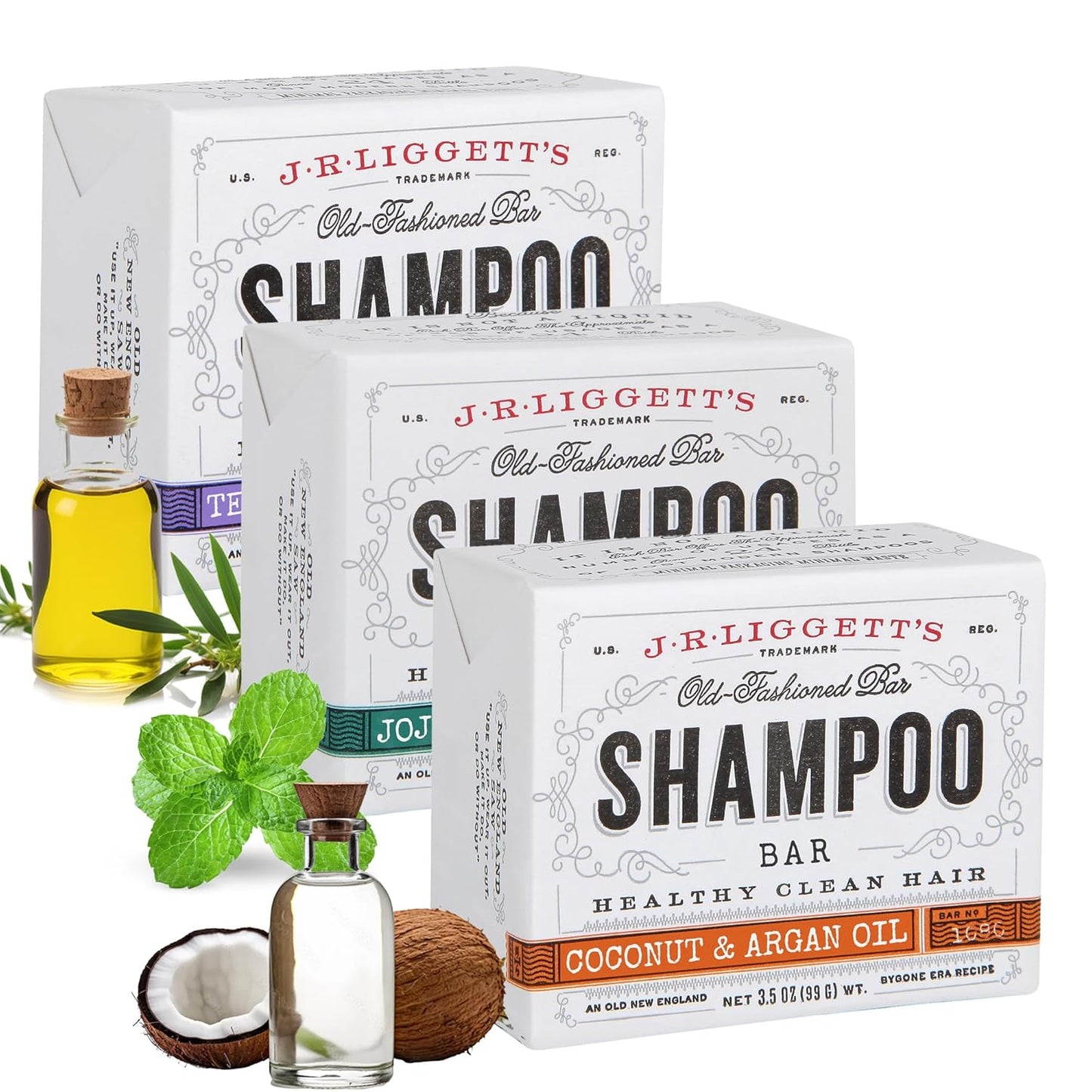 J·R·LIGGETT'S Shampoo Bar - Tea Tree, Jojoba & Peppermint, Coconut & Argan Oils - All Natural Solid Shampoo Bar, Sulfate-Free, Gmo-Free, Nourish Hair with Antioxidants and Vitamins, 3.5 Oz - 3 Pack
